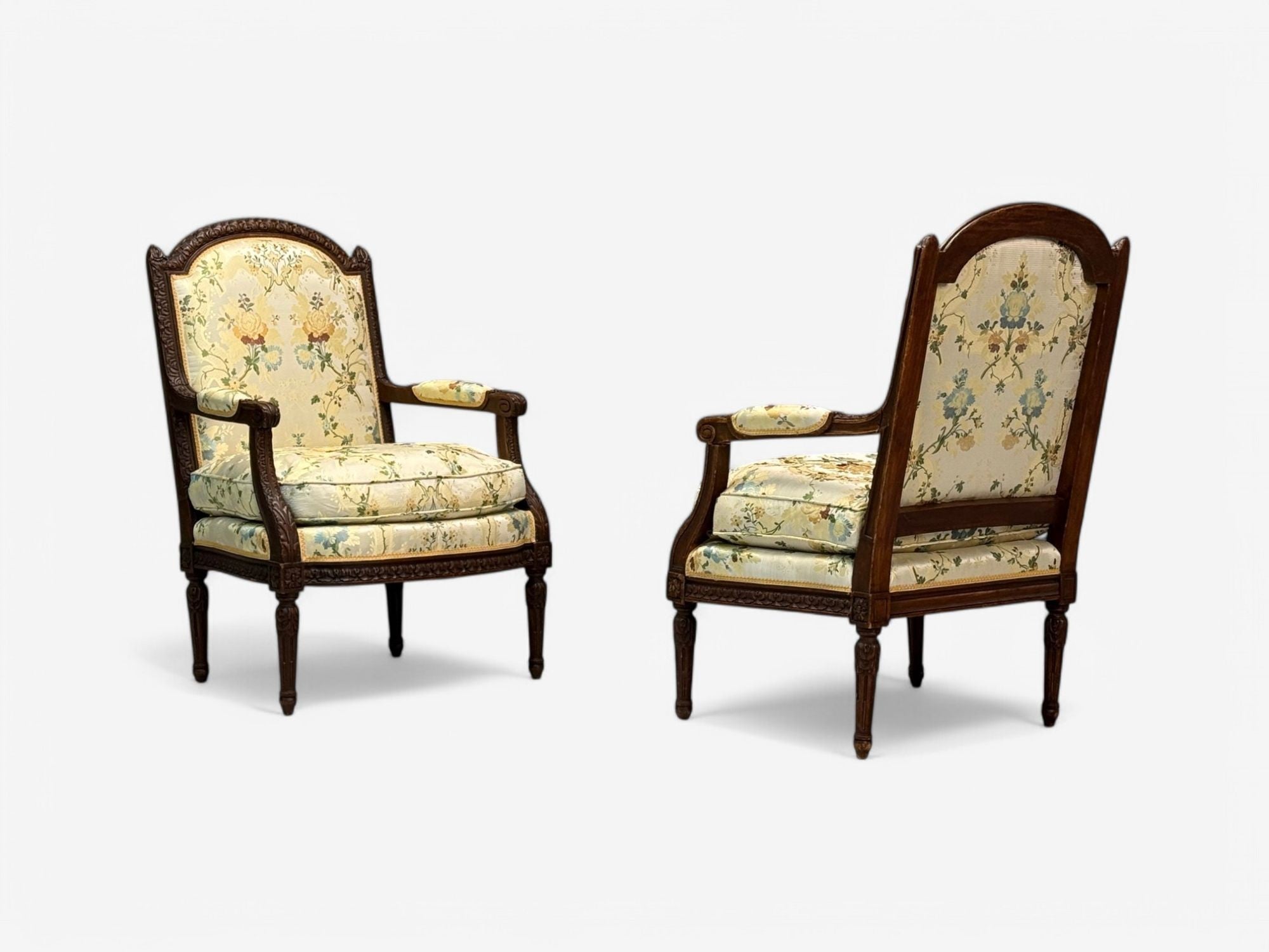 Louis XVI Style, Beechwood, Floral Fabric, Bergere Chairs, France, 1940s