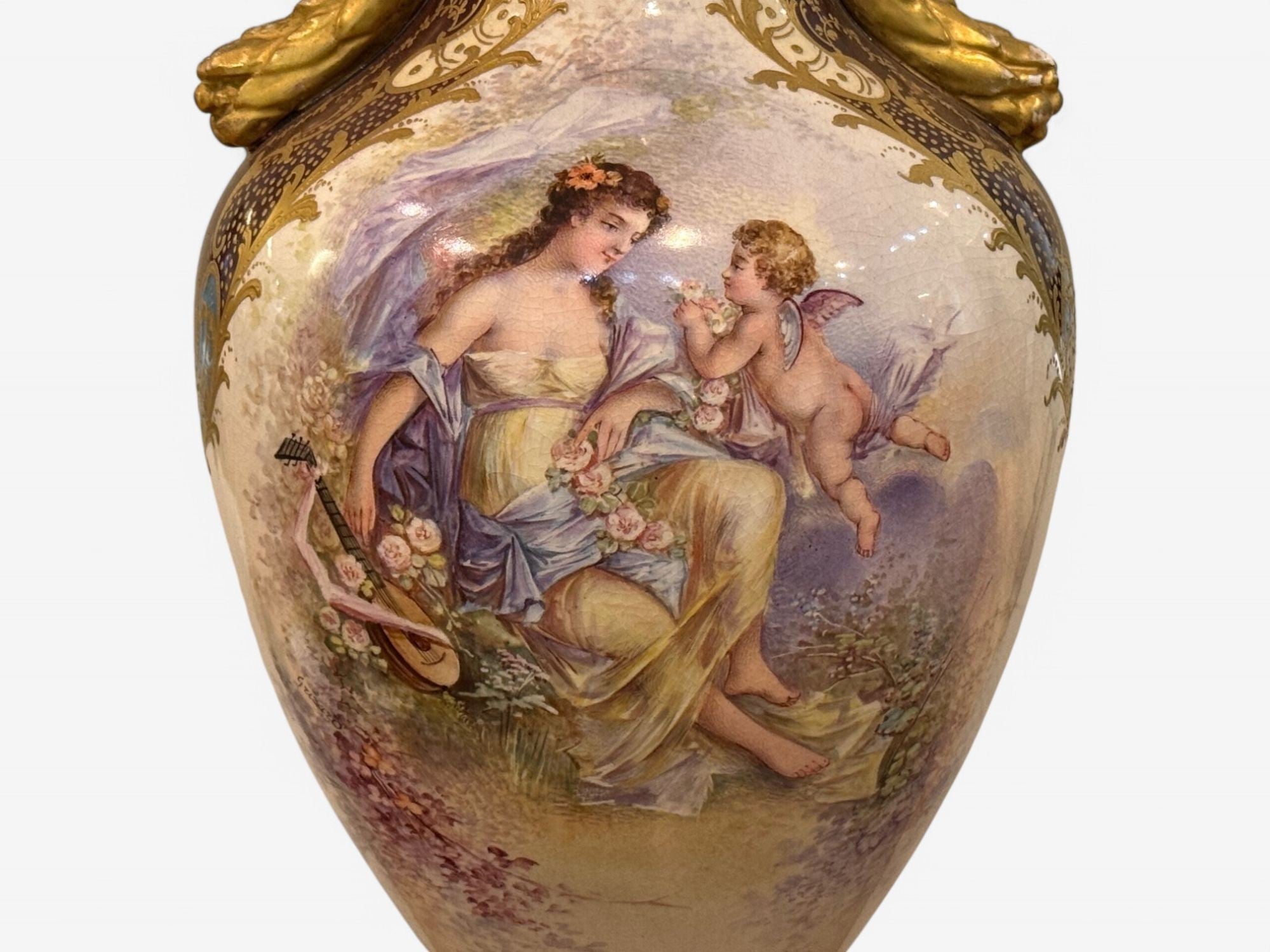 Sevres, Porcelain, Gilt Metal, Vase with Cherub and Maiden, France, 19th C.