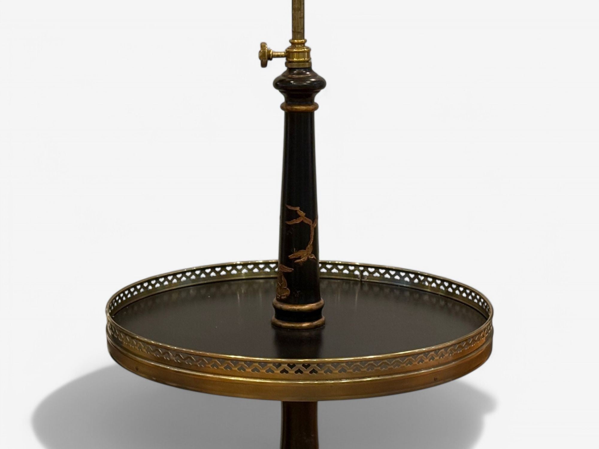 Chinoiserie Style, Crackle Lacquer, Giltwood, Floor Lamp with Shelf, USA, 20th C