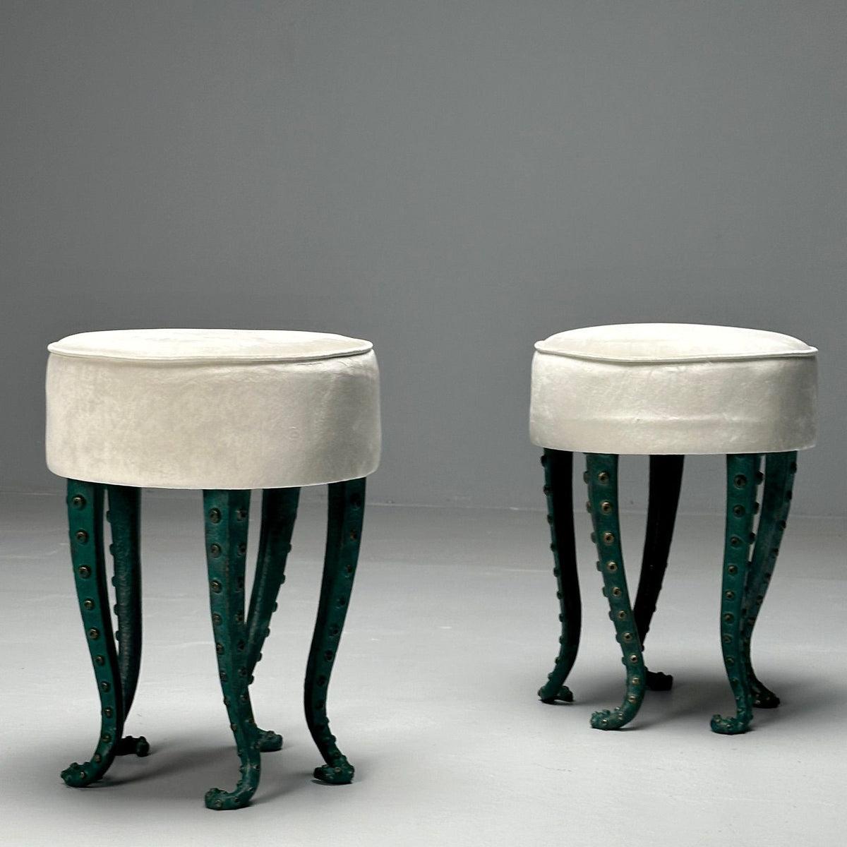 Modern, Octopus Footstools, Green Patinated Bronze, Grey Velvet
