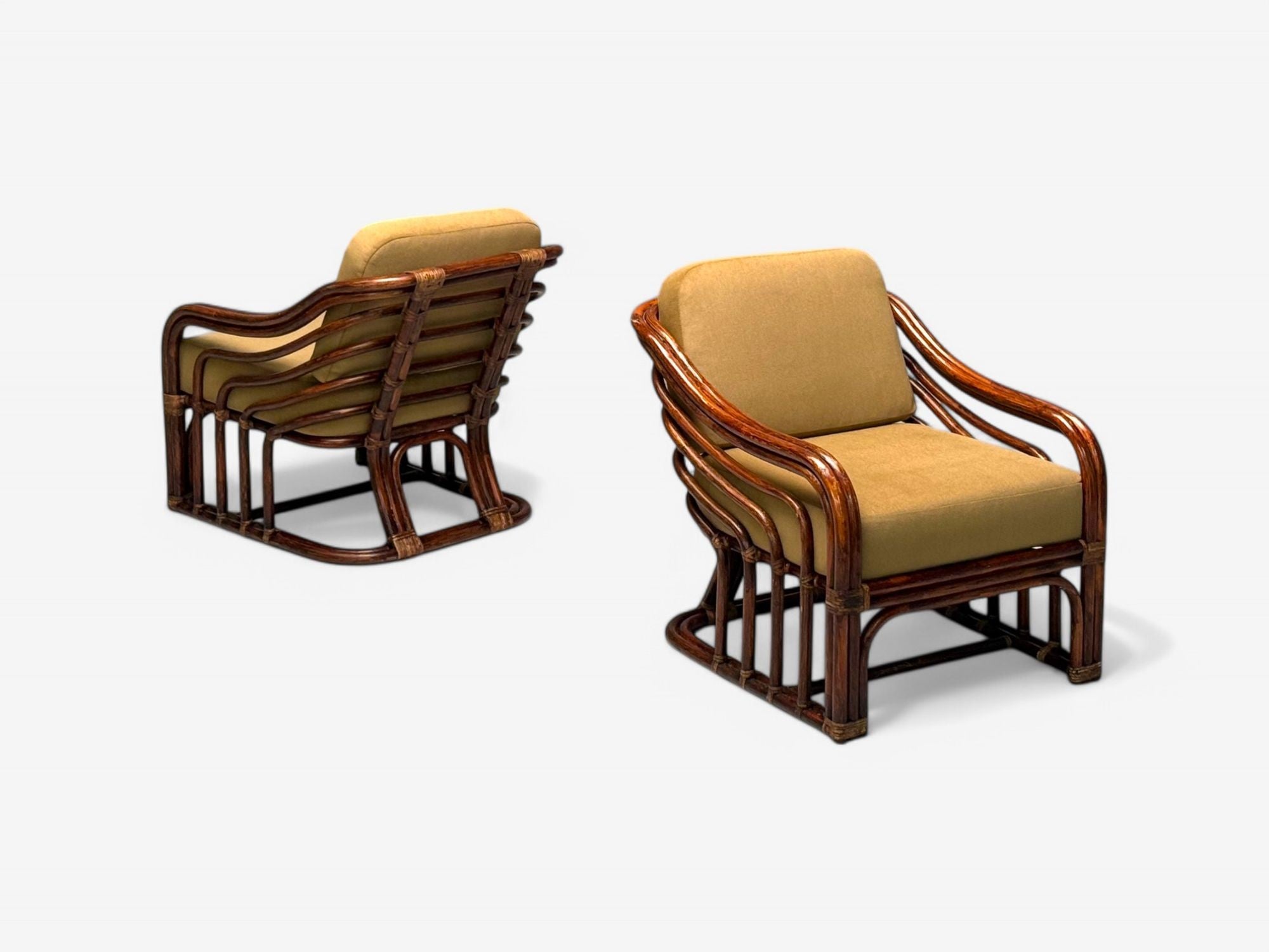 Brown Jordan, Mid-Century Modern, Bamboo, Camel Fabric, Lounge Chairs, 1960s