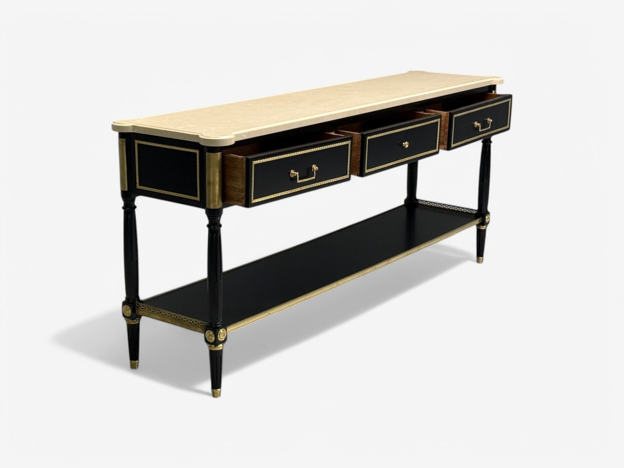 Maison Jansen attr, Hollywood Regency, Satin Black Mahogany, Large Console Table