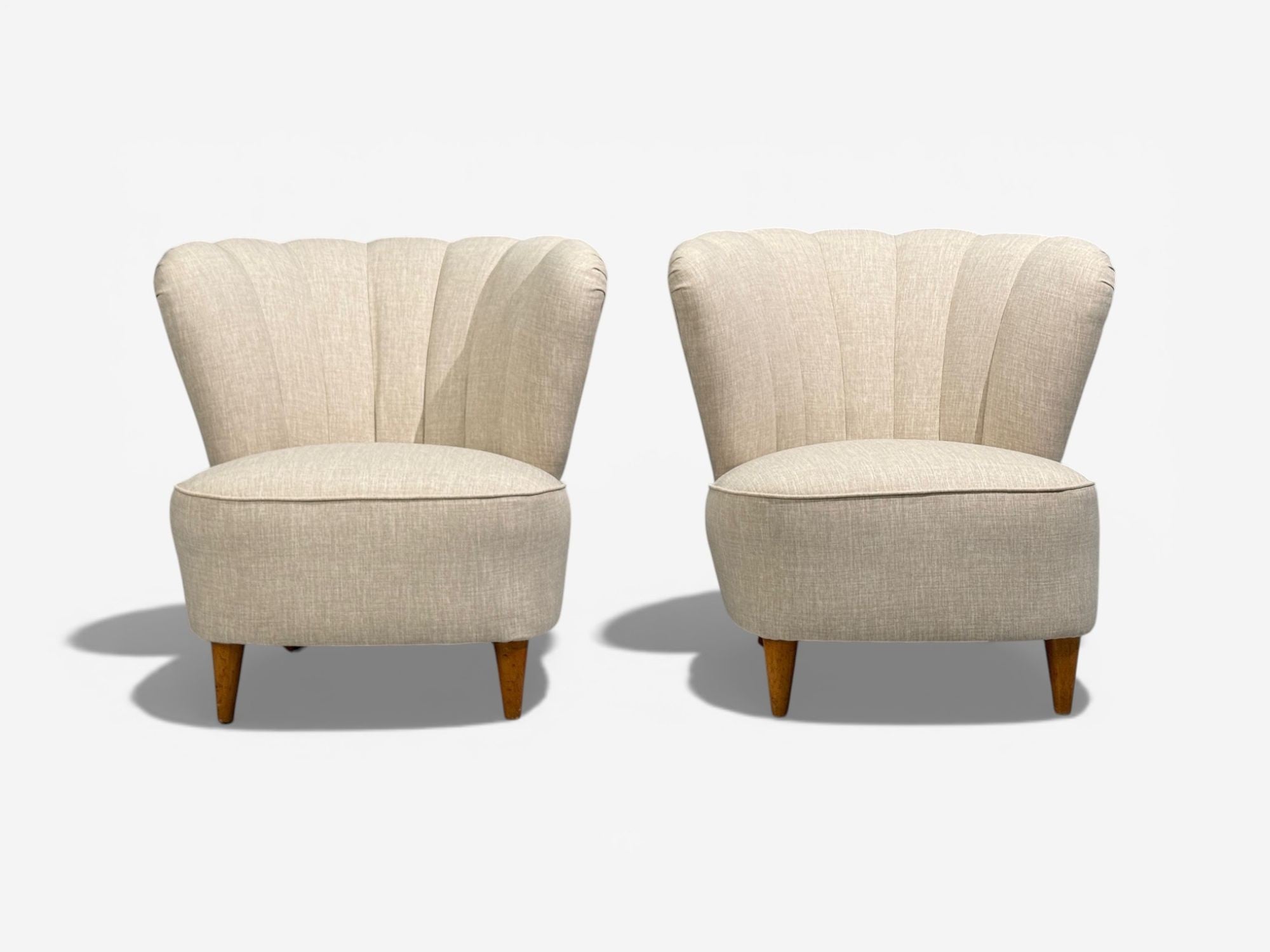 Carl-Johan Boman, Easy Chairs, Beige Linen, Wood, Finland, 1950s