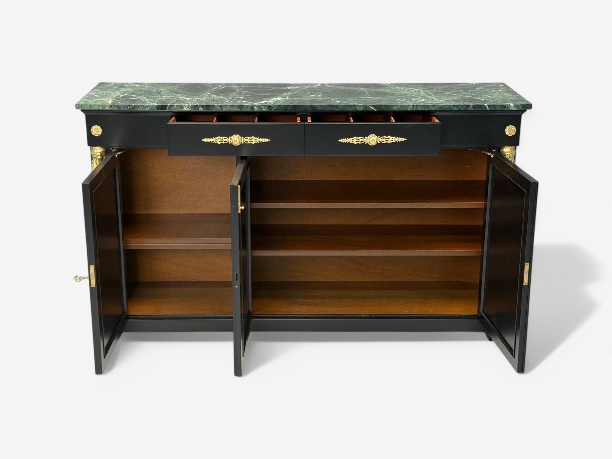 Hollywood Regency, Empire Style, Satin Black Wood, Bronze, Credenza, 1940s