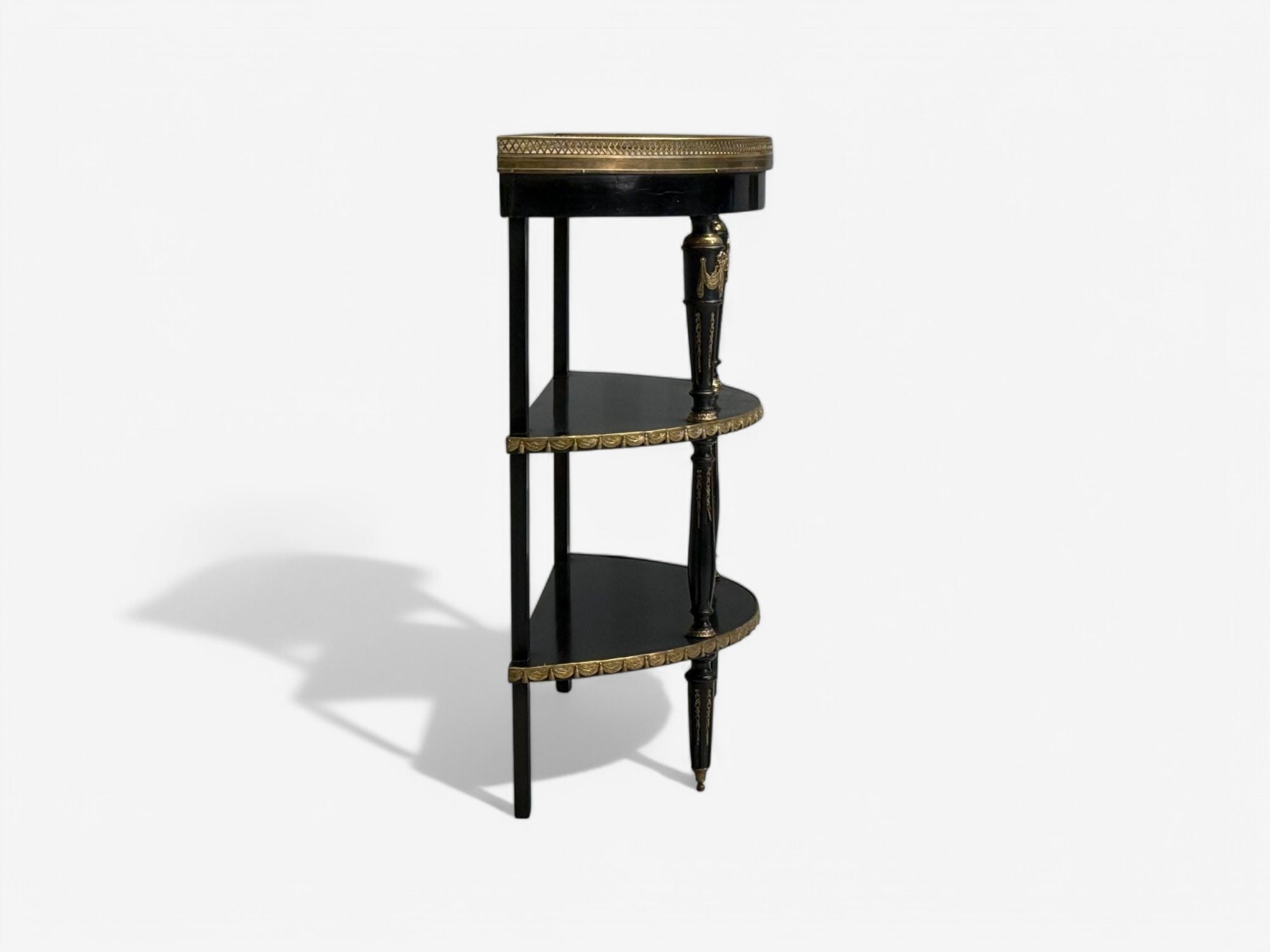 Hollywood Regency, Ebony Painted Wood, Onyx, Demilune Console Tables, 1930s