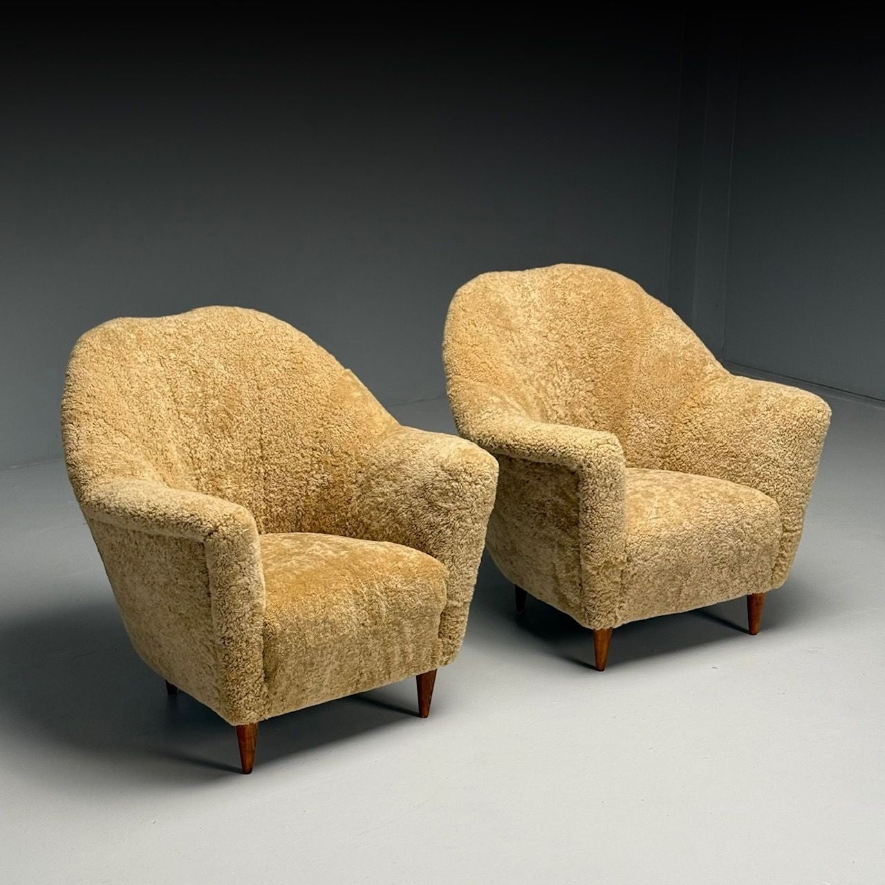 Italian Modern, Honey Shearling, Stained Wood, Lounge Chairs, Italy, 1950s
