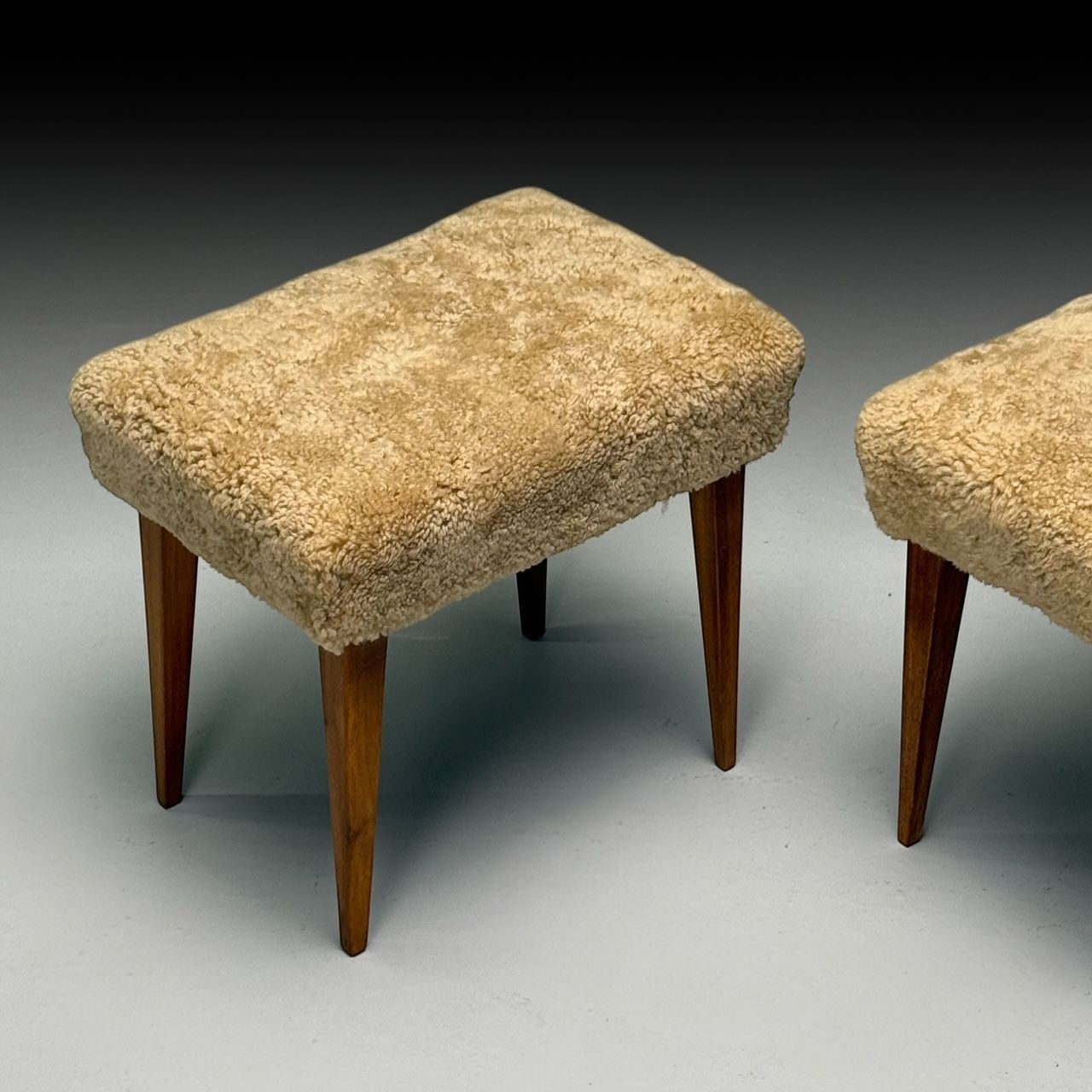 Mid-Century Modern, Footstools, Honey Sheepskin, Stained Wood, Italy, 1950s
