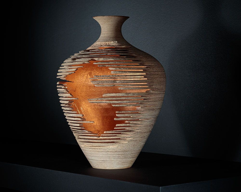 Marc Fish, Contemporary, Ash, Rose Gold Leaf, Three Triptych Vessels, UK, 21st c