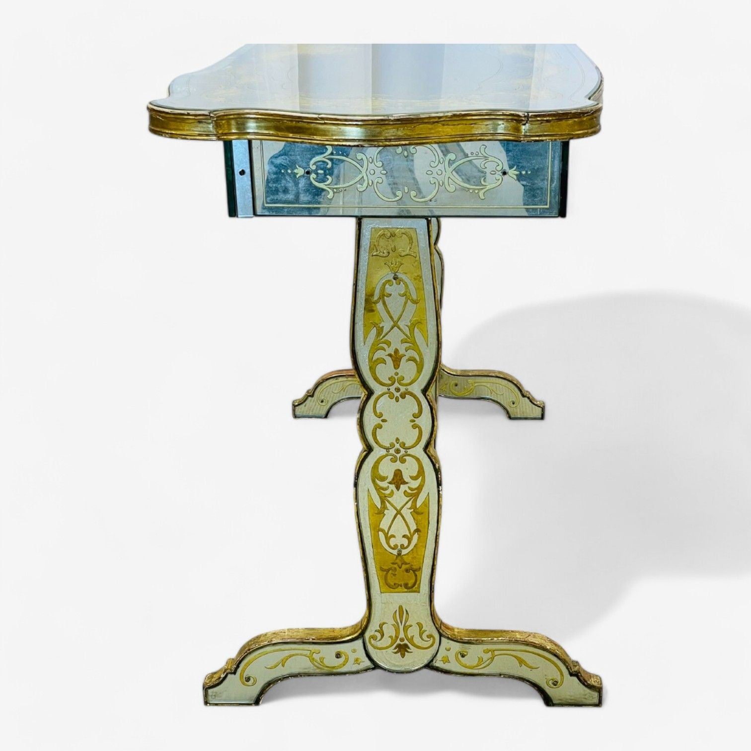 Maison Jansen, Hollywood Regency, Vanity, Eglomise Glass, Silver Leaf, 20th C.