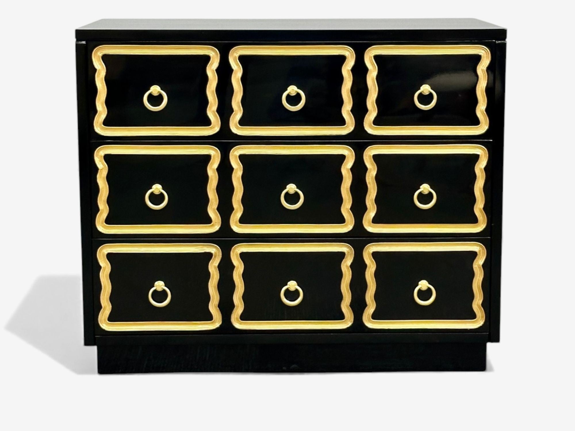 Dorothy Draper Style, Hollywood Regency, Black Lacquer, Gilt, Brass, Commodes