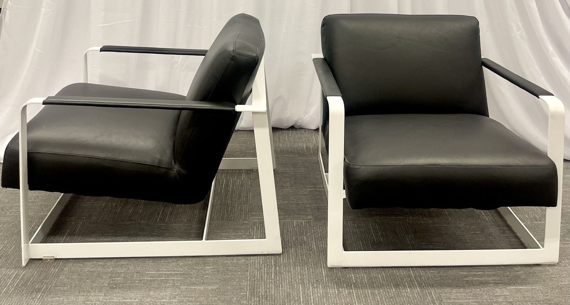 Pair of Mid-Century Modern Lounge Chairs, Leather, Steel Base, American, 1980s