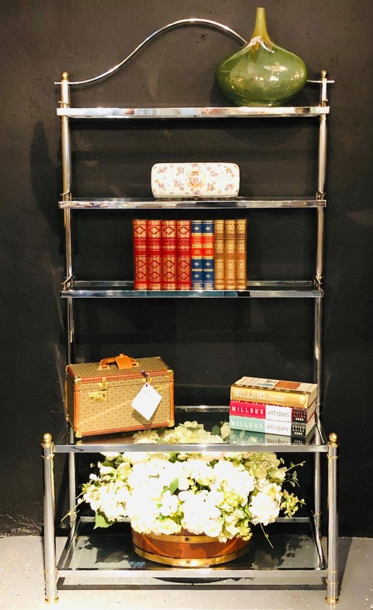 Maison Jansen Style Hollywood Regency Étagère, Bookcase, Brass and Steel Design