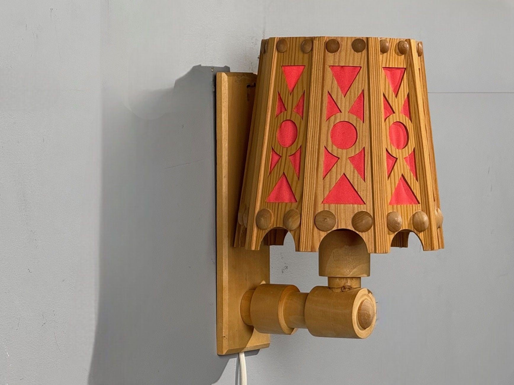 Swedish Modern, Wall Lights, Pine, Red Textile, Sweden, 1970s