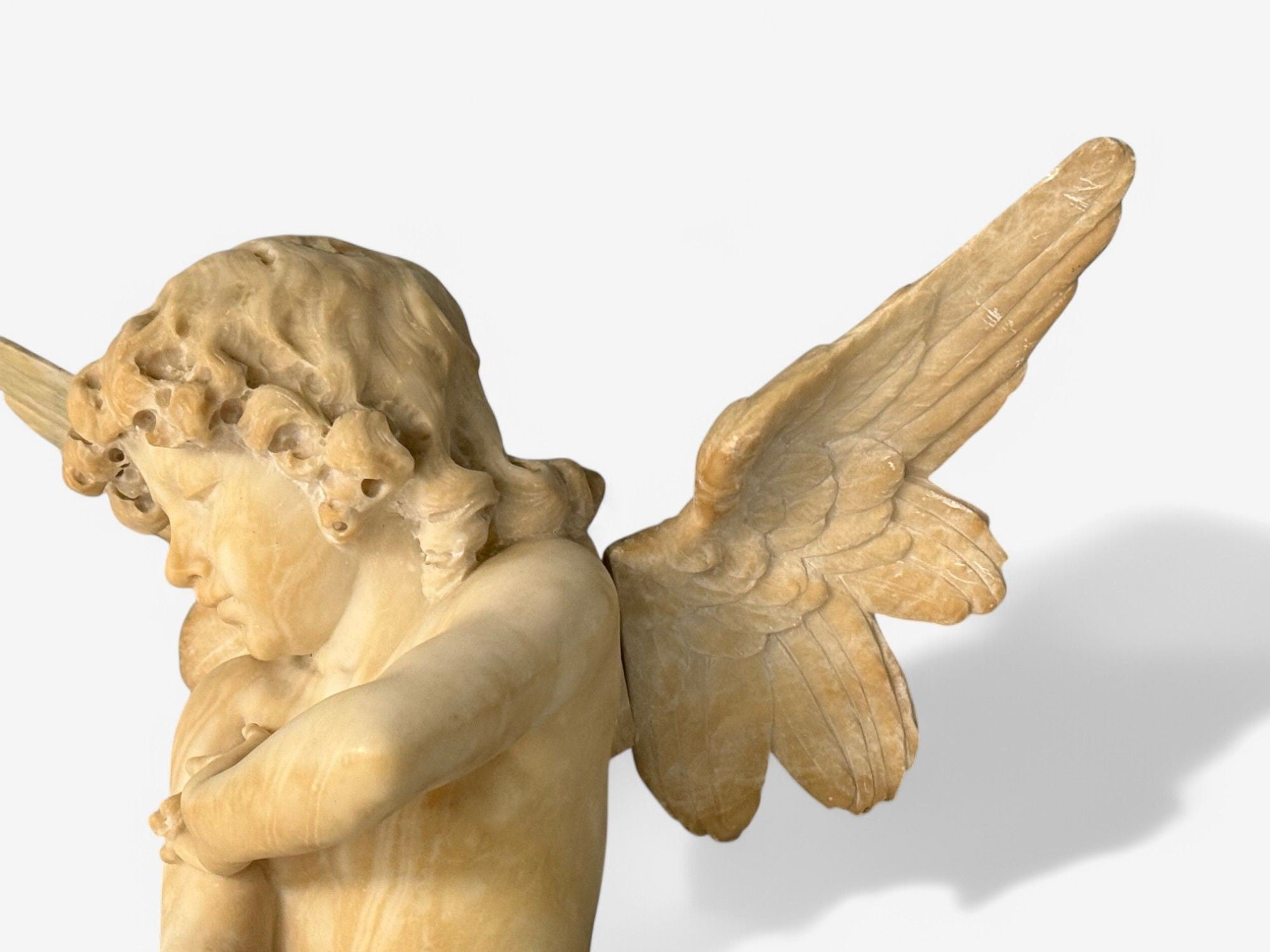 Neoclassical, Winged Angel On Pillow, Alabaster Statue on Pedestal, Italy, 1920s