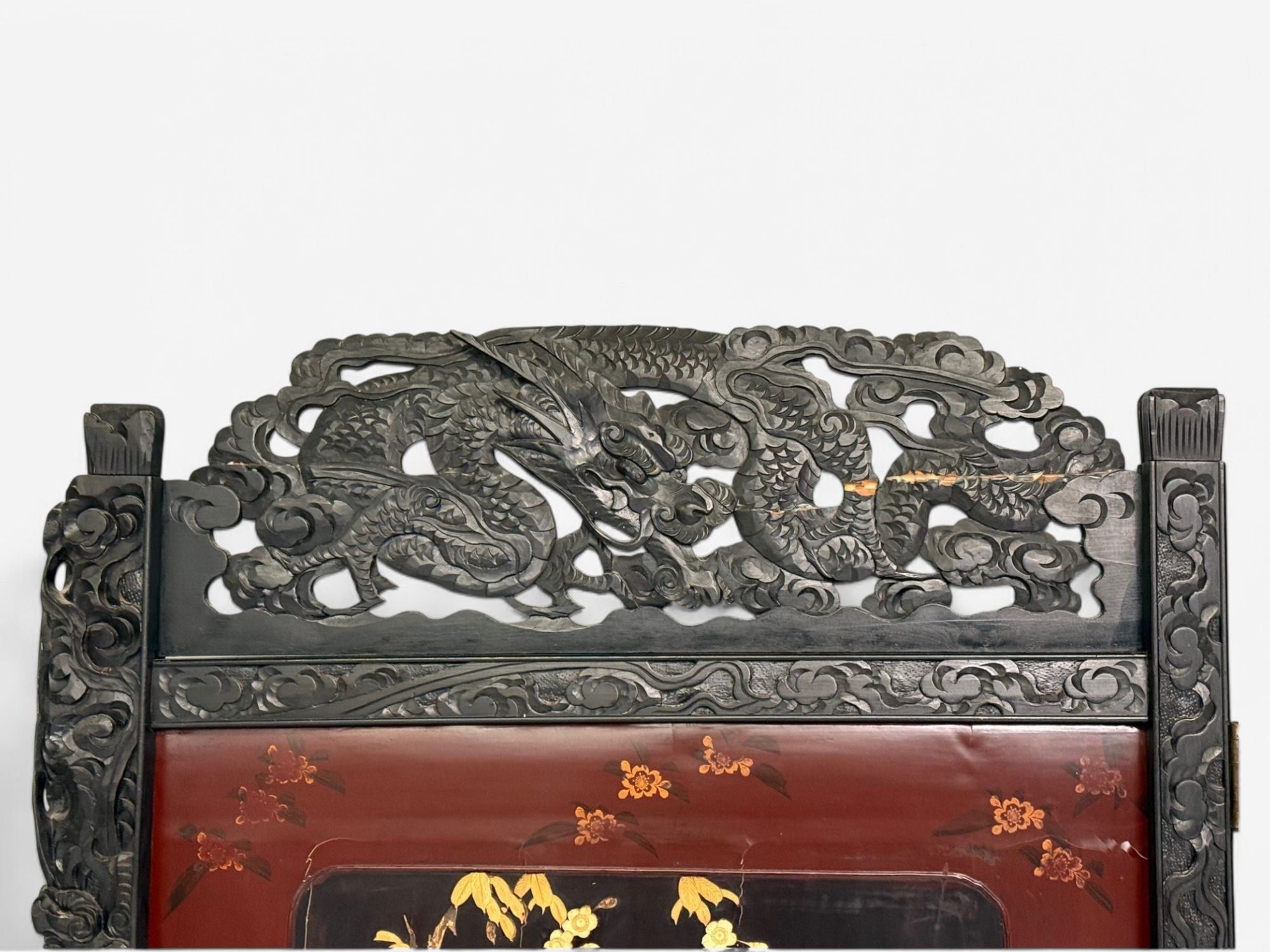 Shibayama Art, Meiji Era, Ebonized Wood, Lacquer, Two Panel Screen, Japan, 1890s