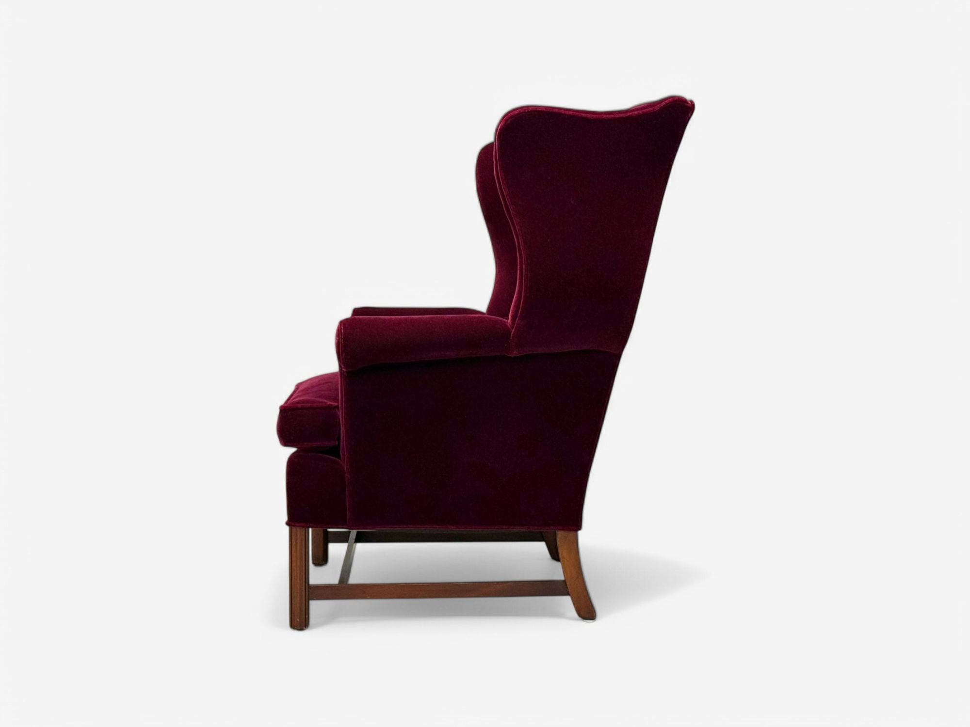 Georgian, Aubergine Mohair, Stained Wood, Wingback Chair, England, 1970s