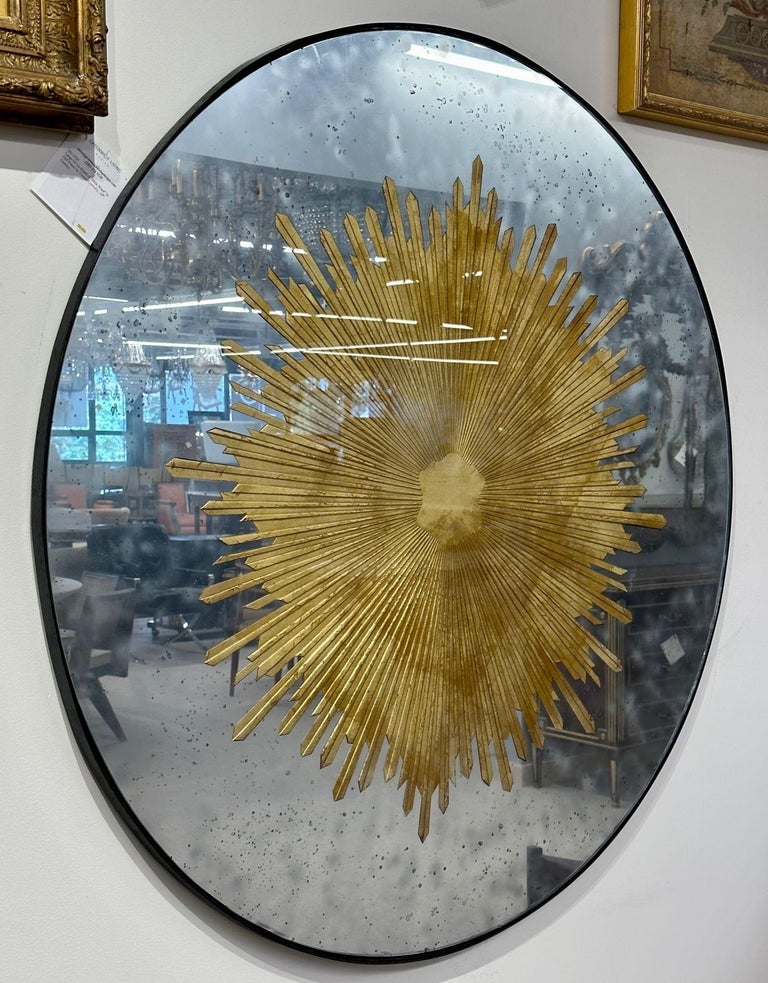 Hollywood Regency Style, Modern Round Sunburst Mirrors, Distressed Glass, 21st c.