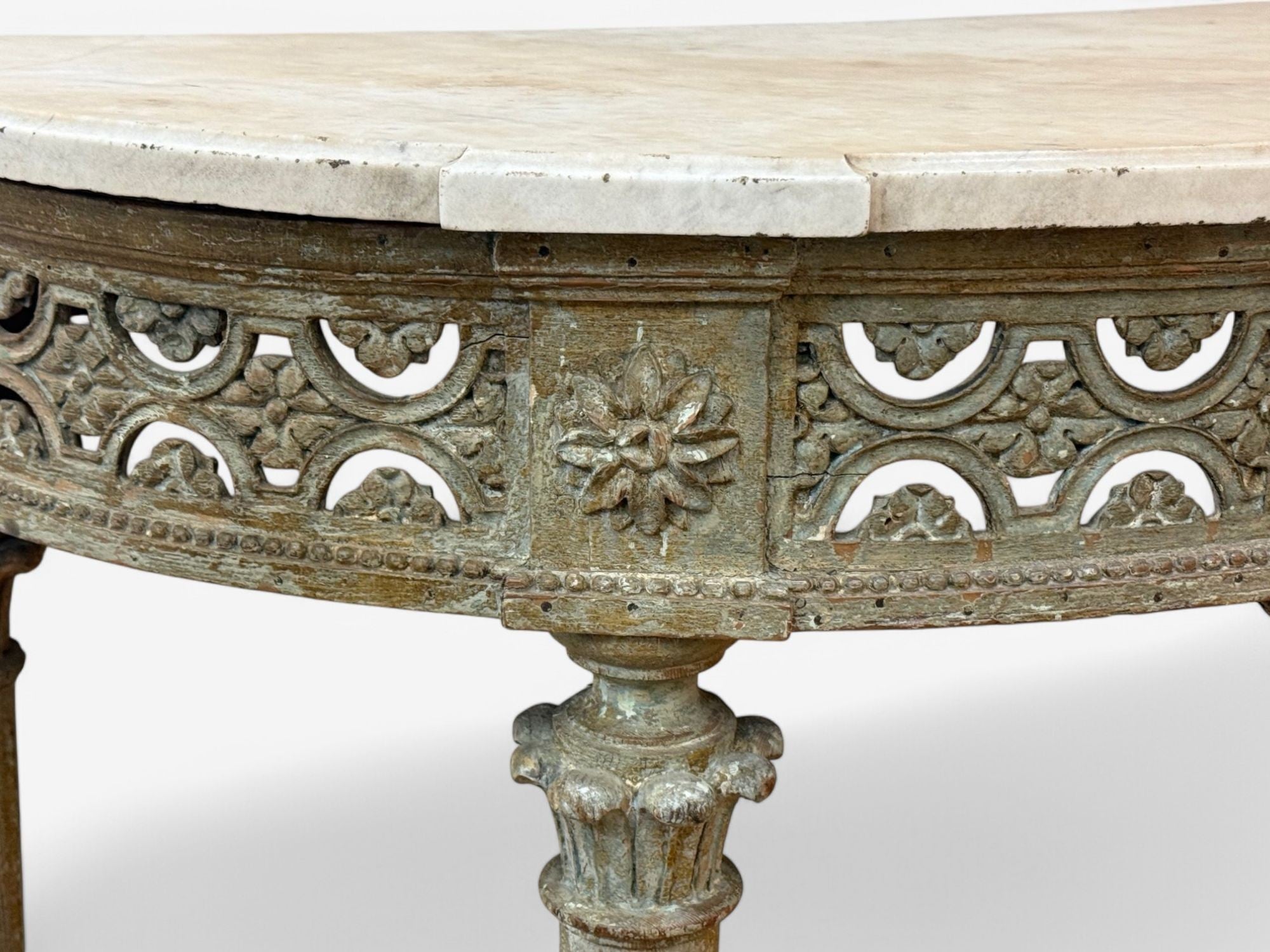 Gustavian, Louis XI, Painted Wood, Marble, Demilune Console Table, France, 1780