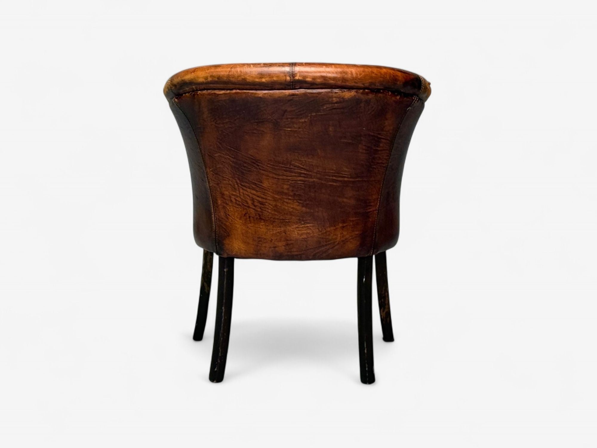 Georgian Style, Distressed Brown Leather, Stained Wood, Tub Chair, USA, 1960s