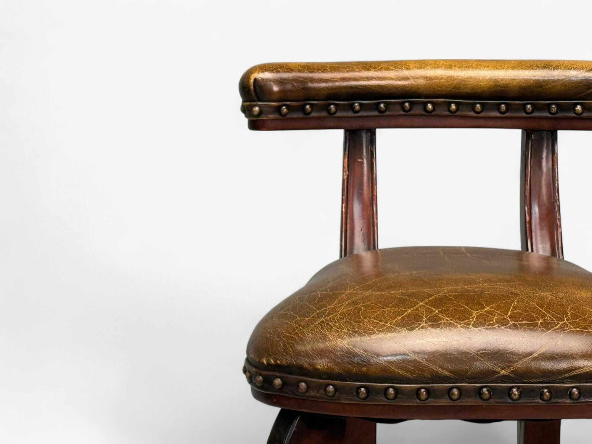 Georgian Style, Distressed Brown Leather, Stained Wood, Six Bar Stools, 20th C.