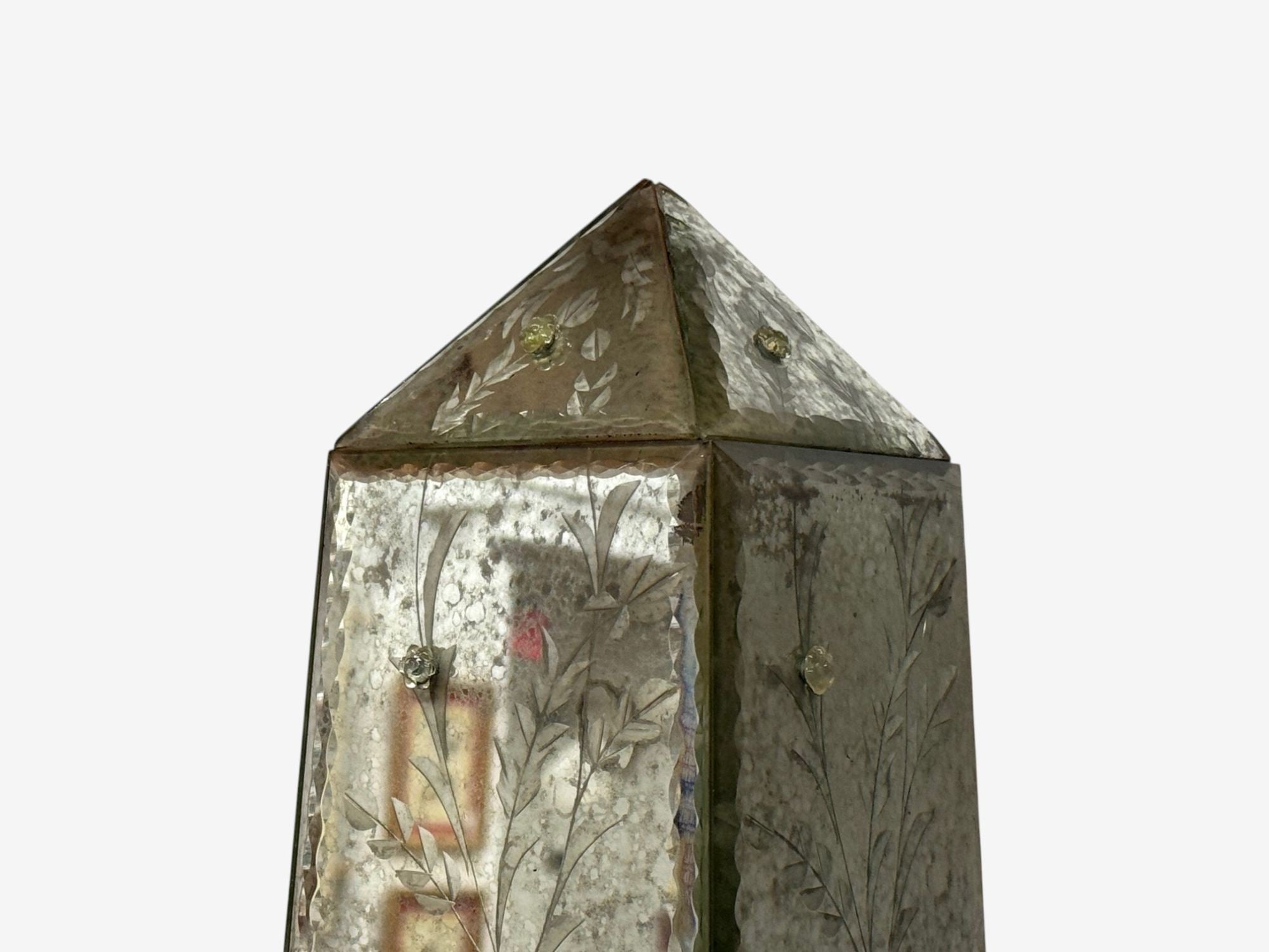 Venetian, Etched Glass Panels, Distressed Mirror, Obelisks, 20th C.
