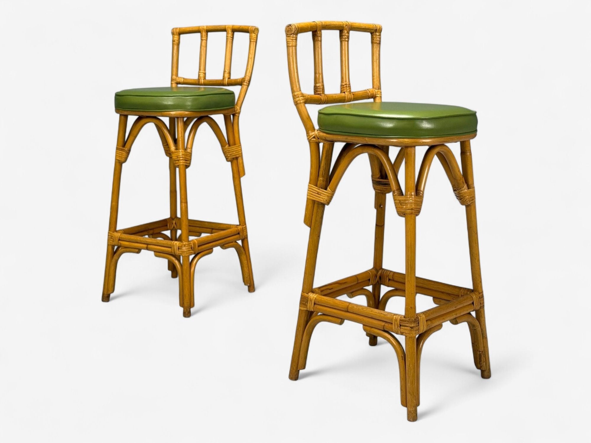 Dutch Modern, Bamboo, Green Leather, Five Barstools, Netherlands, 1970s