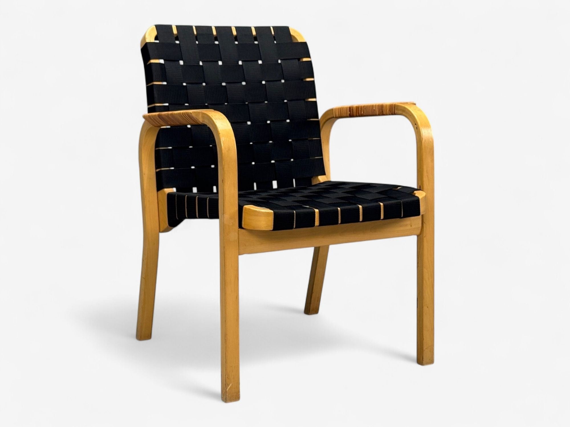 Alvar Aalto, Birch, Rattan, Black Linen Webbing, Armchairs, Finland, 1980s