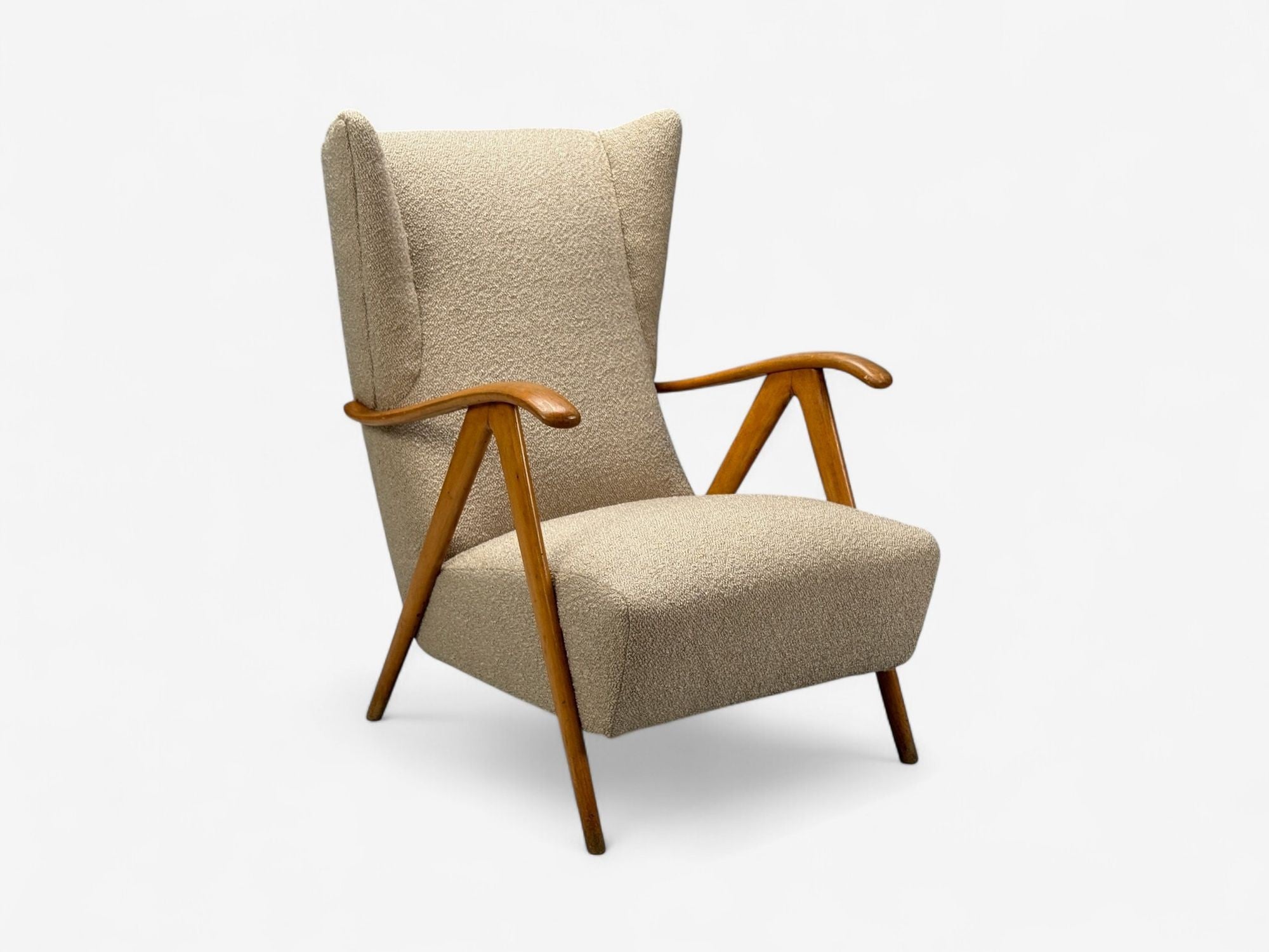 Italian Modern, Beige Boucle, Wood, Sculptural Lounge Chairs, Italy, 1960s