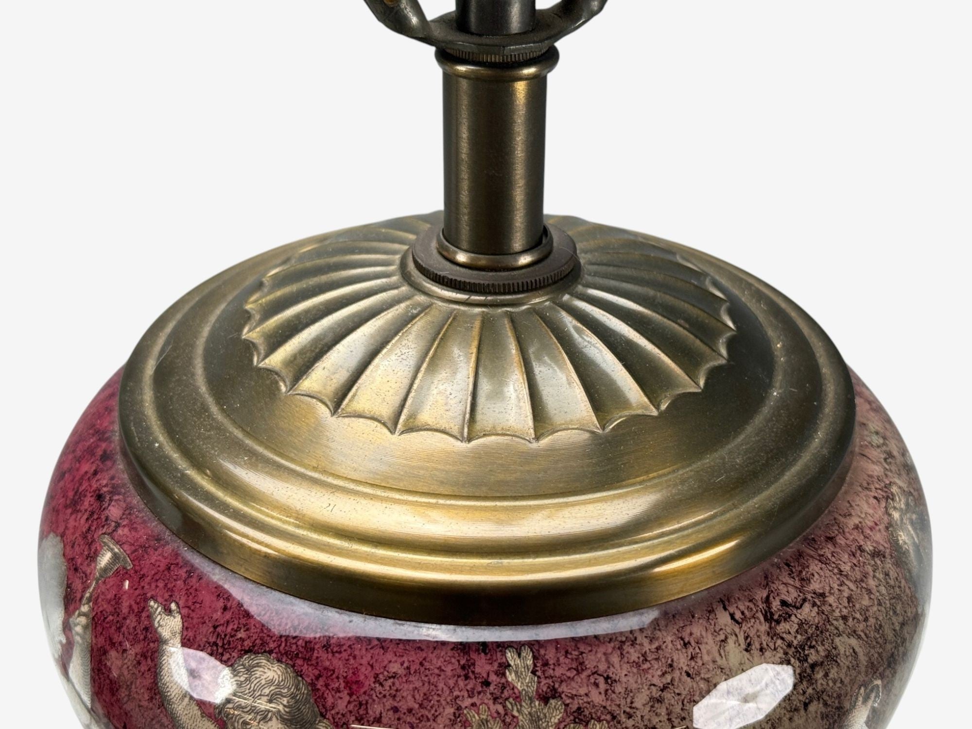 Neoclassical, Cranberry Glass, Decoupage Cherub Table Lamps, USA, 1930s