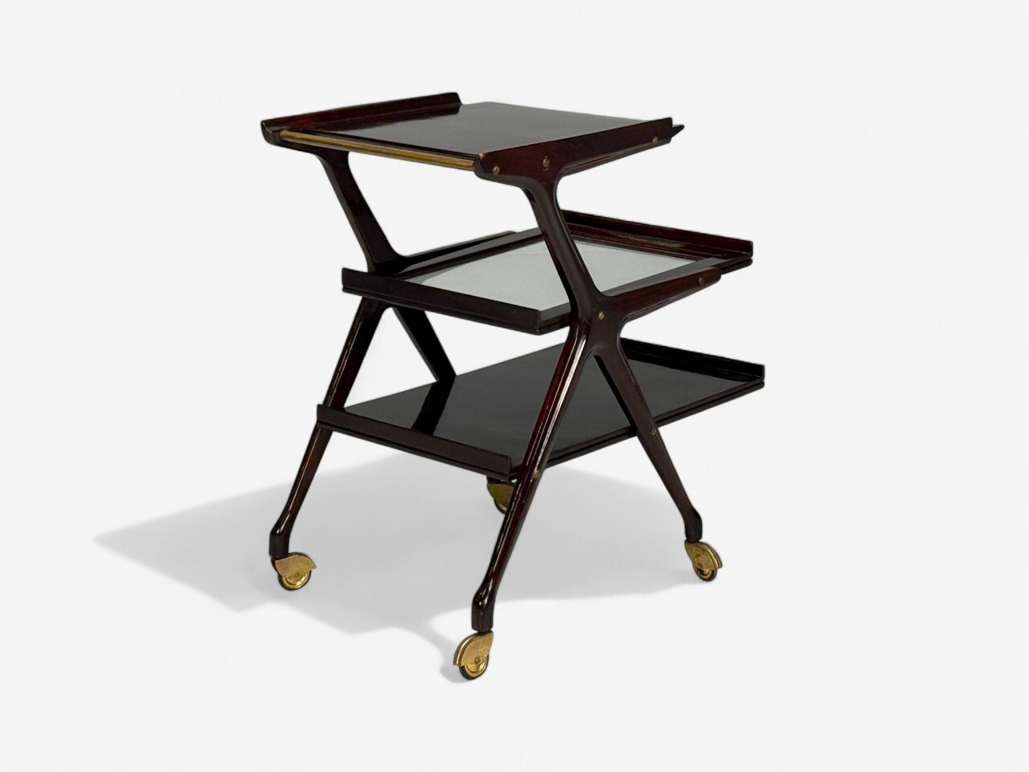 Ico Parisi Style, Italian Modern, Wood, Brass, Glass, Bar Cart, Italy, 1950s