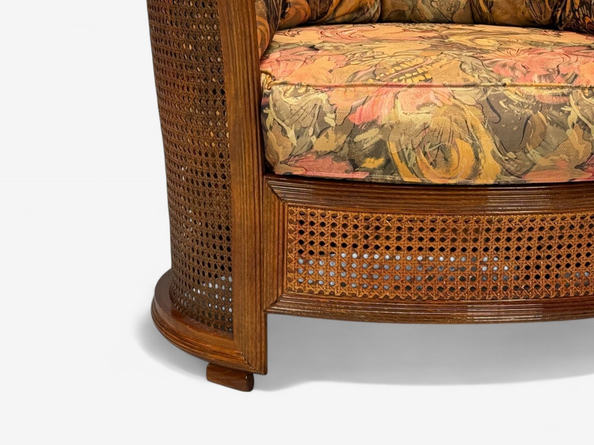 Traditional, Cane, Walnut, Barrel Back Armchair, USA, 1980s