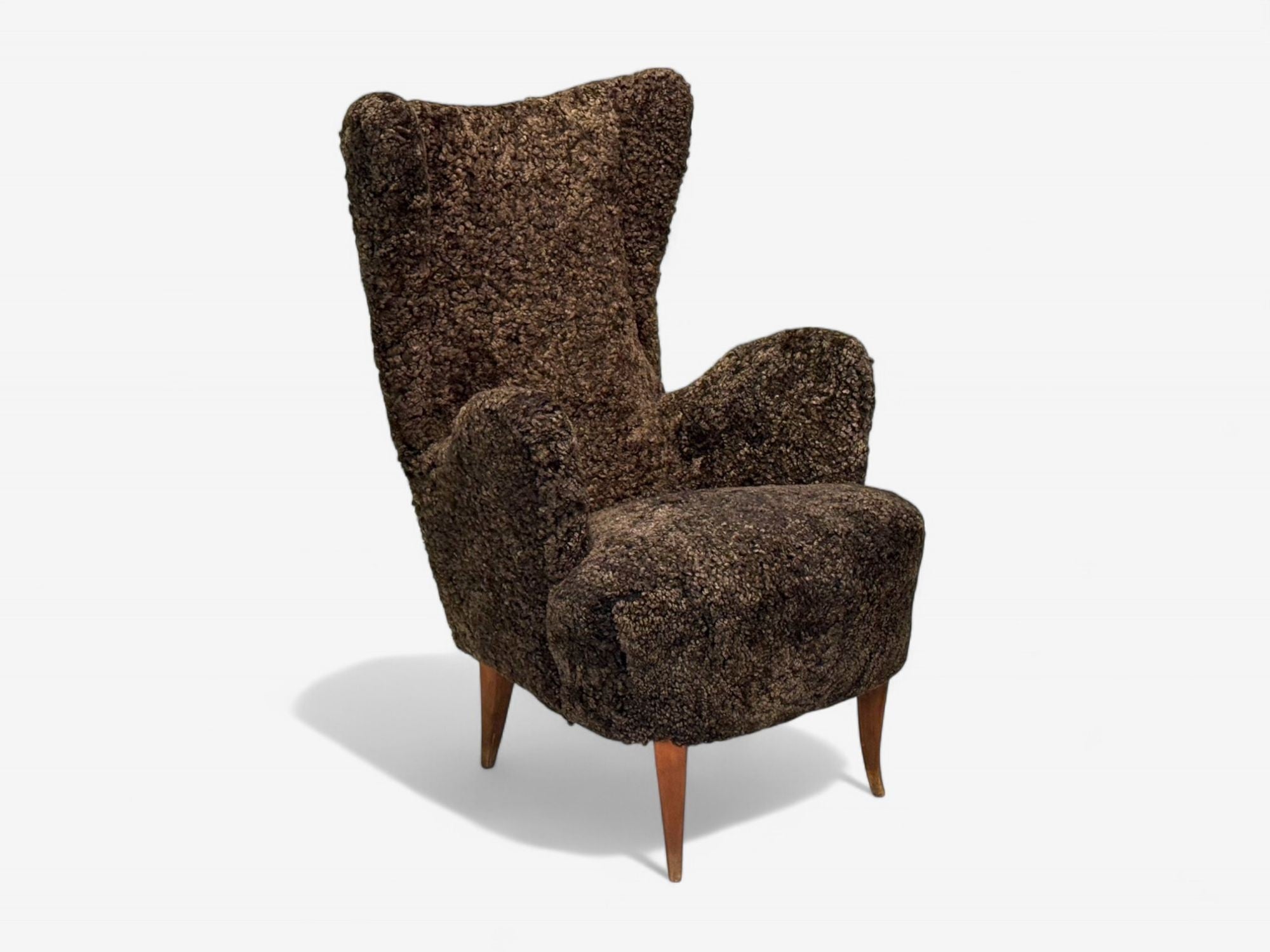 Italian Modern, Espresso Shearling, Walnut, Organic Lounge Chairs, Italy, 1950s