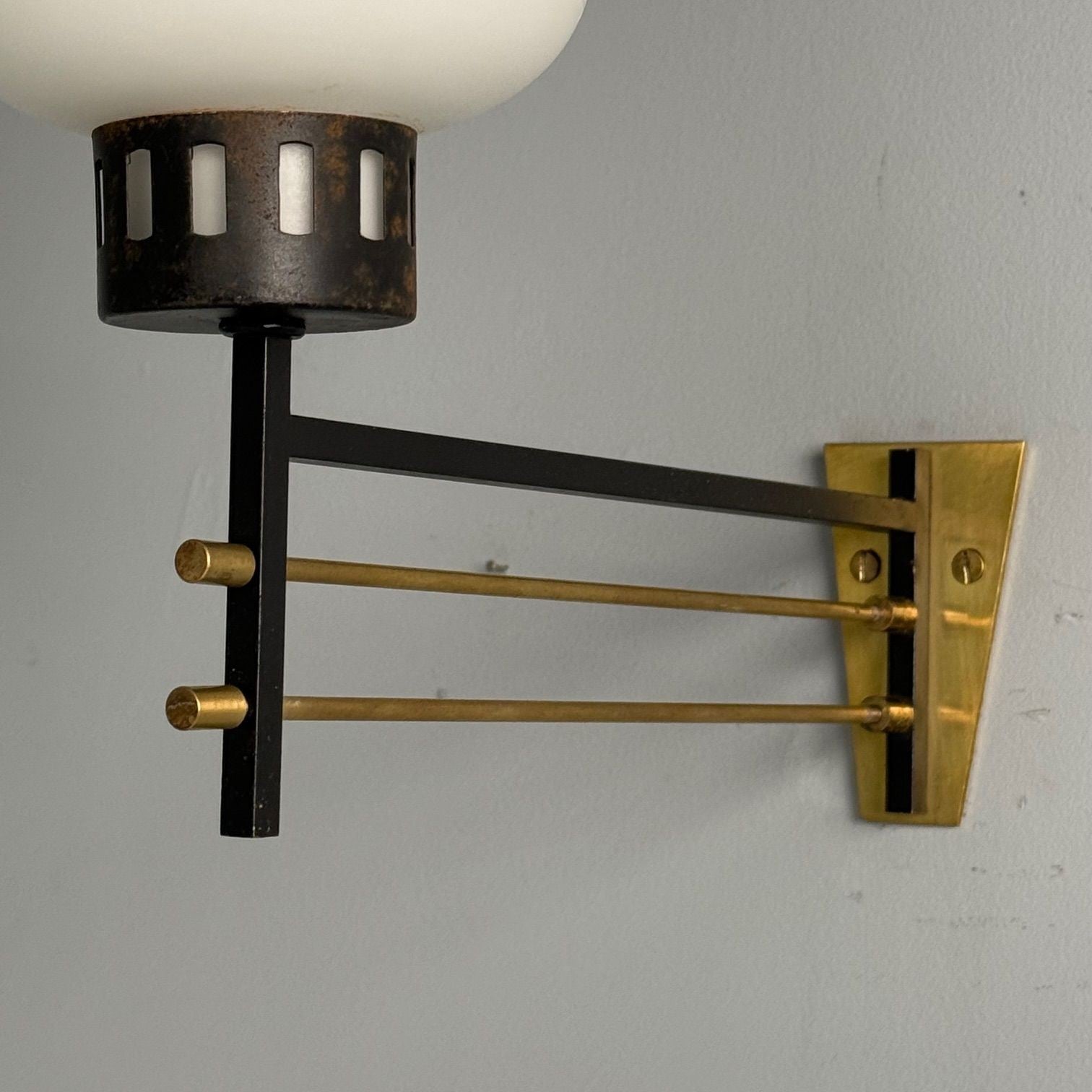 Italian Mid-Century Modern, Wall Sconces, Patinated Brass, Opaline Glass, 1950s