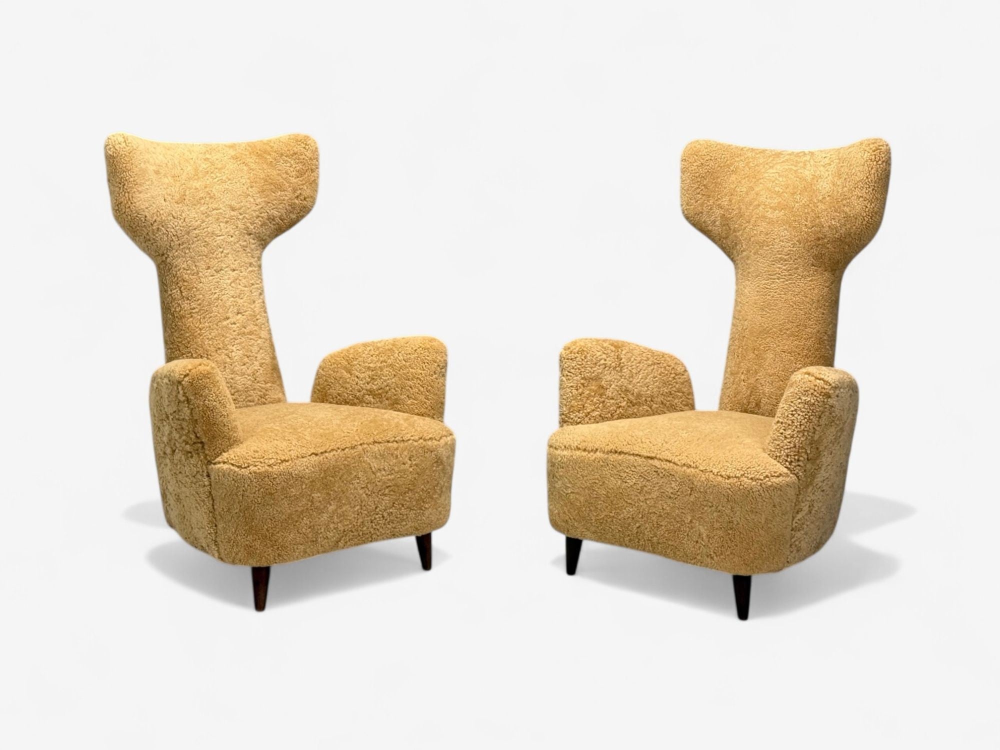 Renzo Zavanella, Honey Sheepskin, Wood, Rare Lounge Chairs, Italy, 1950s