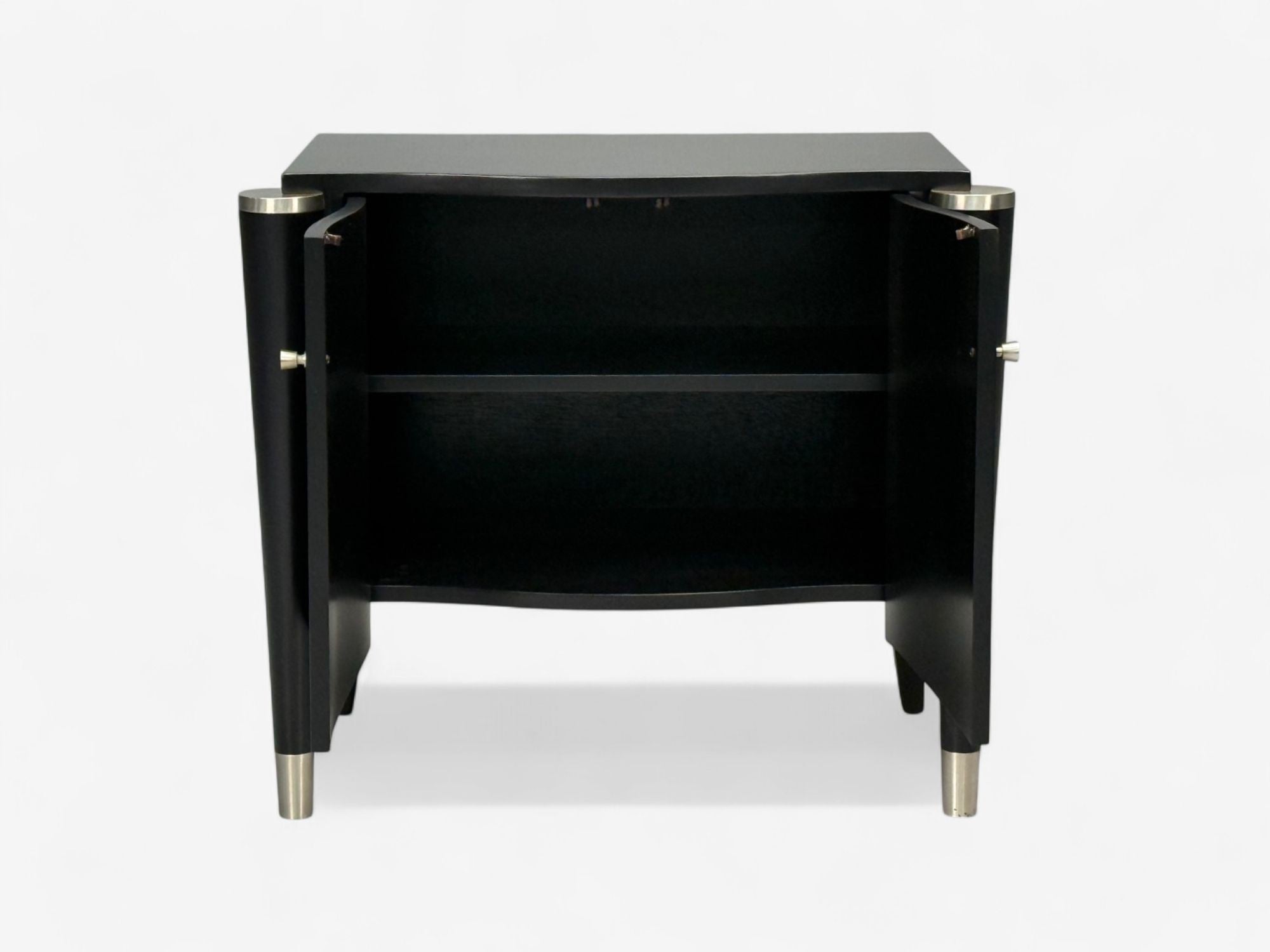 Hollywood Regency, Black Lacquer, Chrome, Nightstands, USA, 1970s