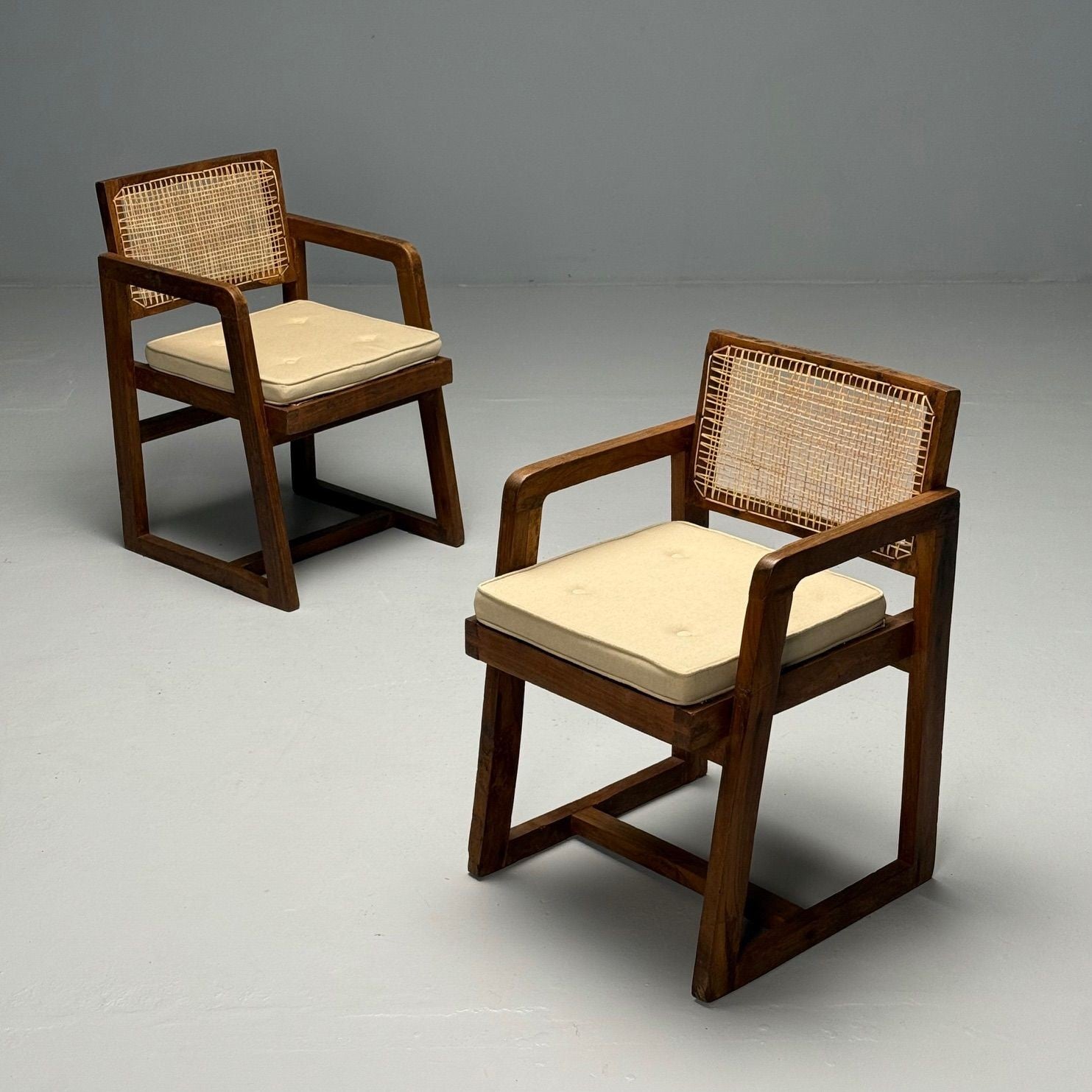 Pierre Jeanneret, French Mid-Century Modern, 12 Box Dining Chairs, Teak, Cane