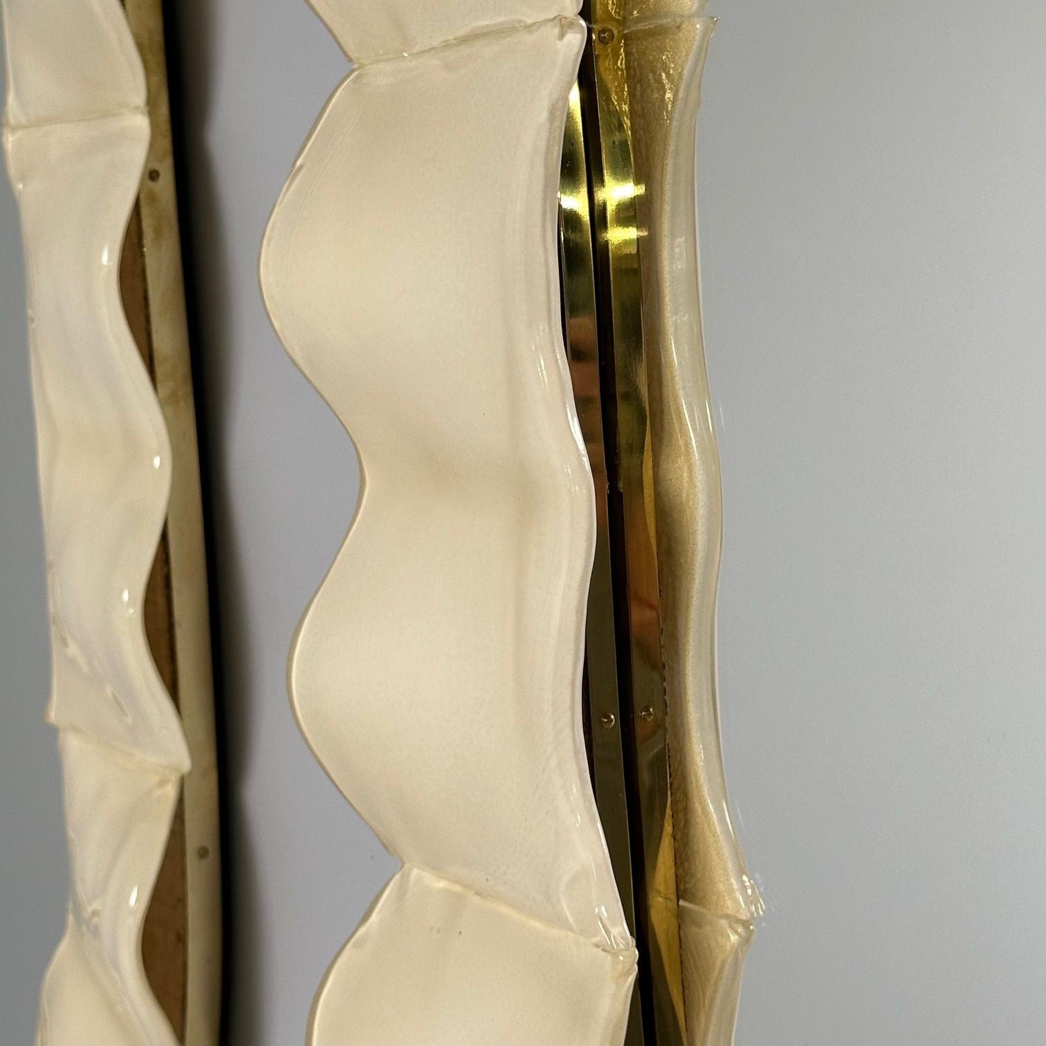 Modern Ruffle Wall Mirrors, White Murano Glass, Brass, Italy, 21st c.