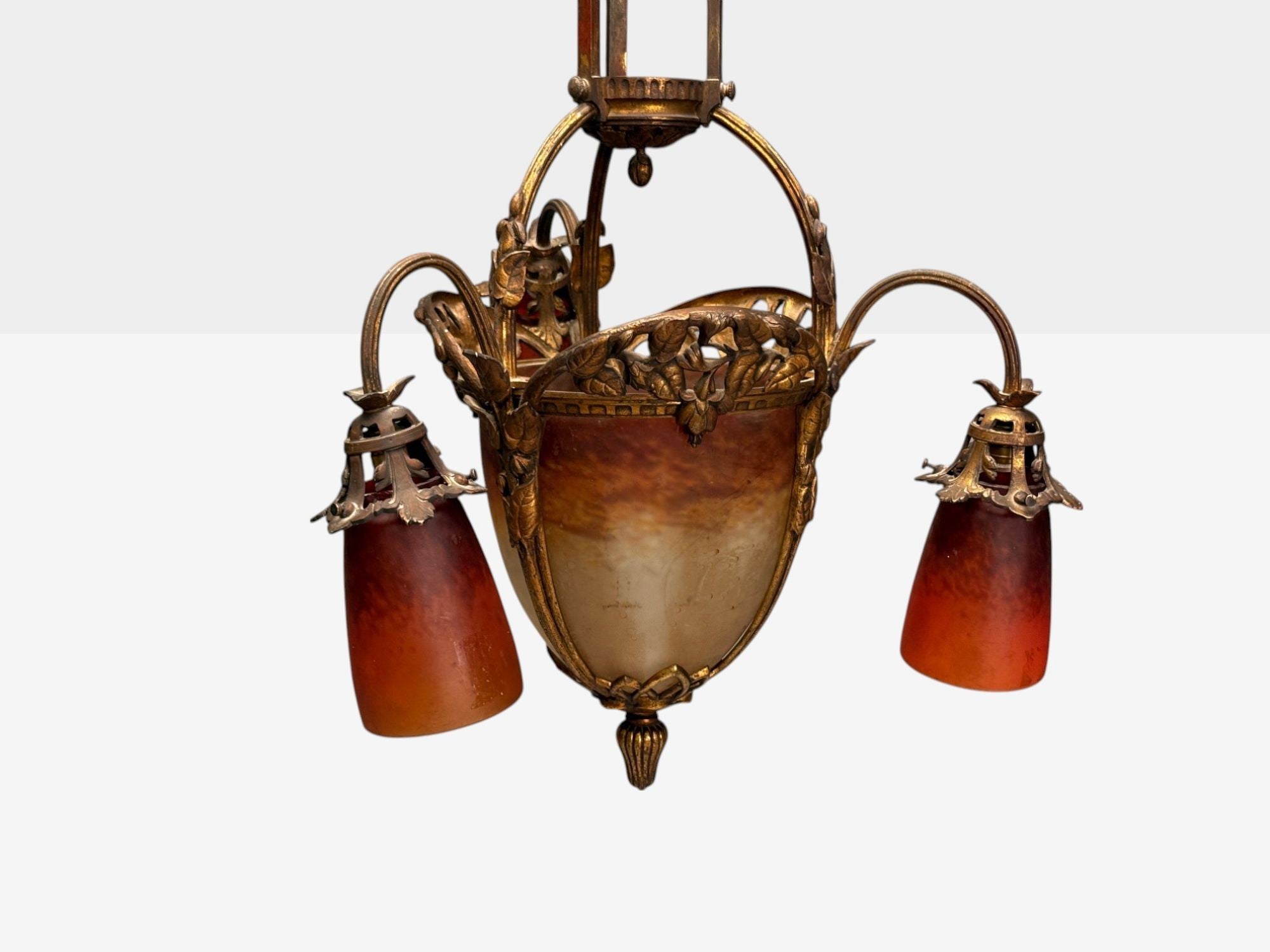 Muller Frères, French Art Deco, Bronze, Glass, Chandelier, France, 1920s