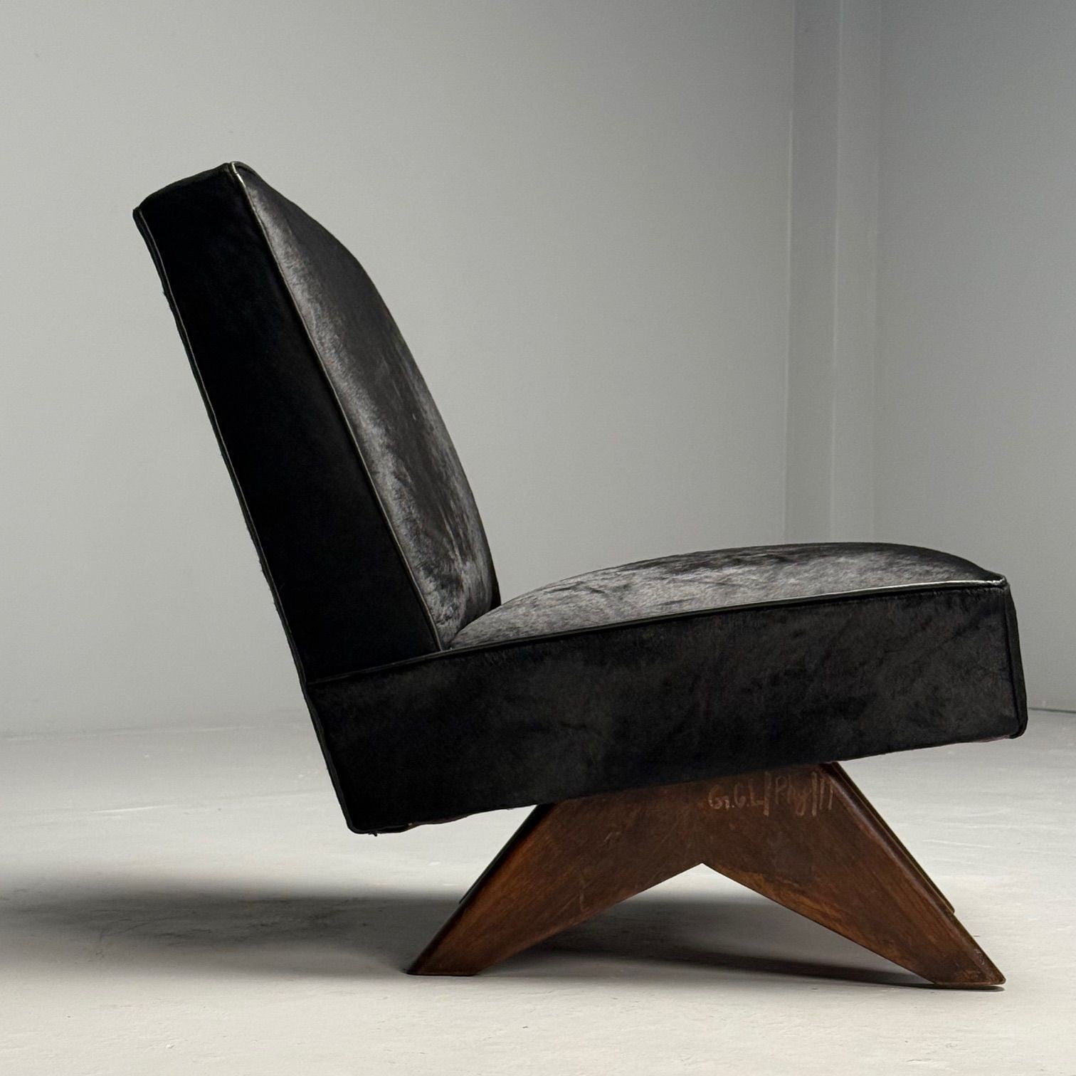 Pierre Jeanneret, French Mid-Century Modern, Slipper Chairs, Black Cowhide, Teak