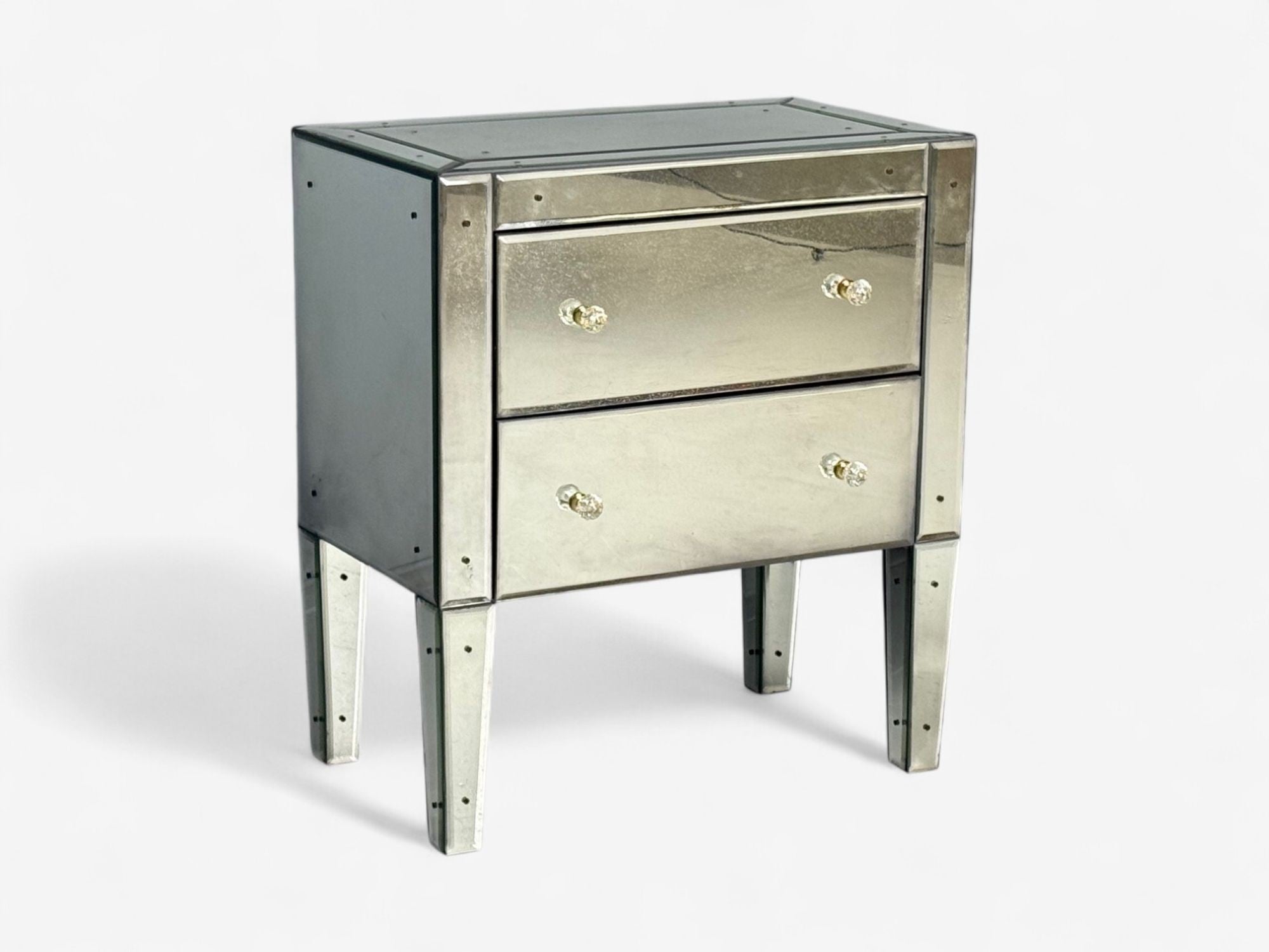 Hollywood Regency Style, Wood, Antique Beveled Glass, Mirrored Nightstands