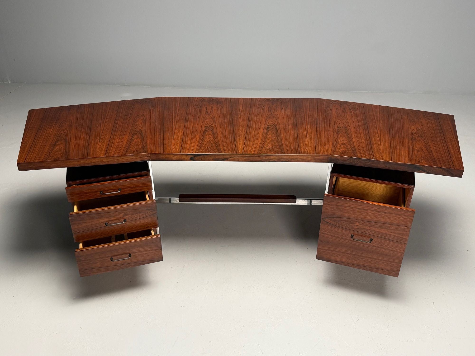 Italian Mid-Century Modern, Demilune Writing Desk, Rosewood, Steel, Italy, 1950s