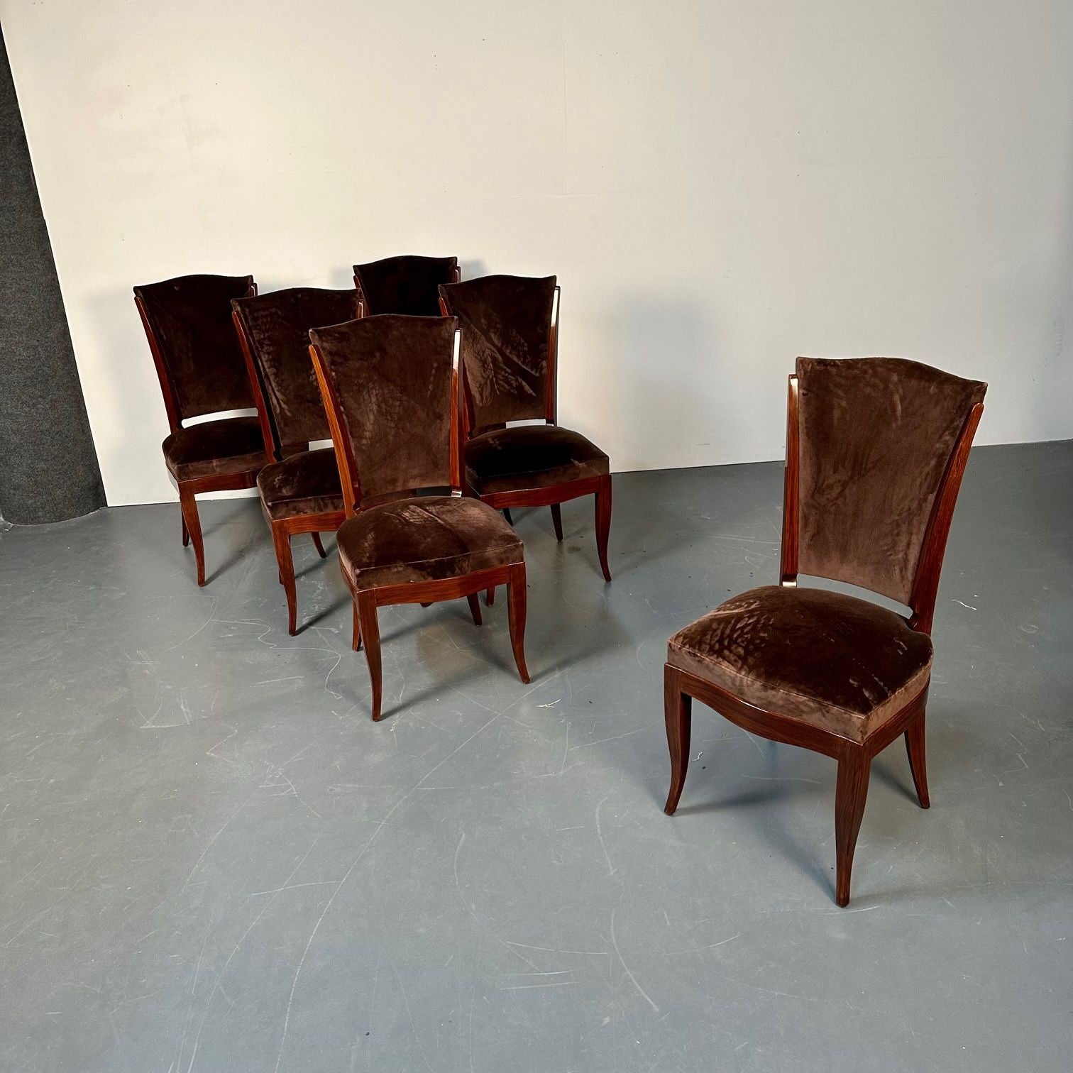 Six French Art Deco Walnut Dining / Side Chairs, Brown Velvet, Ruhlman Style