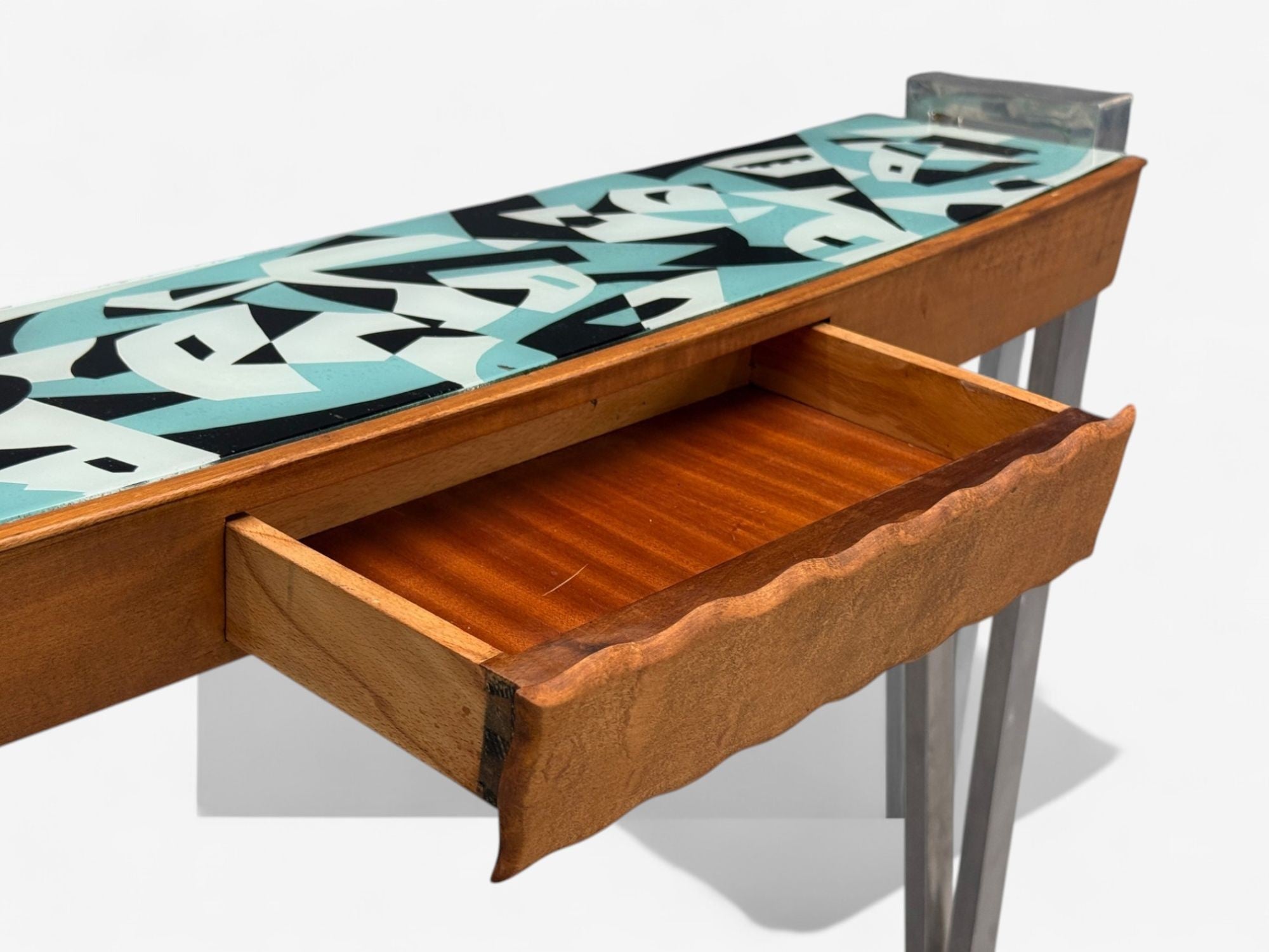 Italian Modern, Painted Glass, Ash Wood, Metal, Console Table, Italy, 1960s
