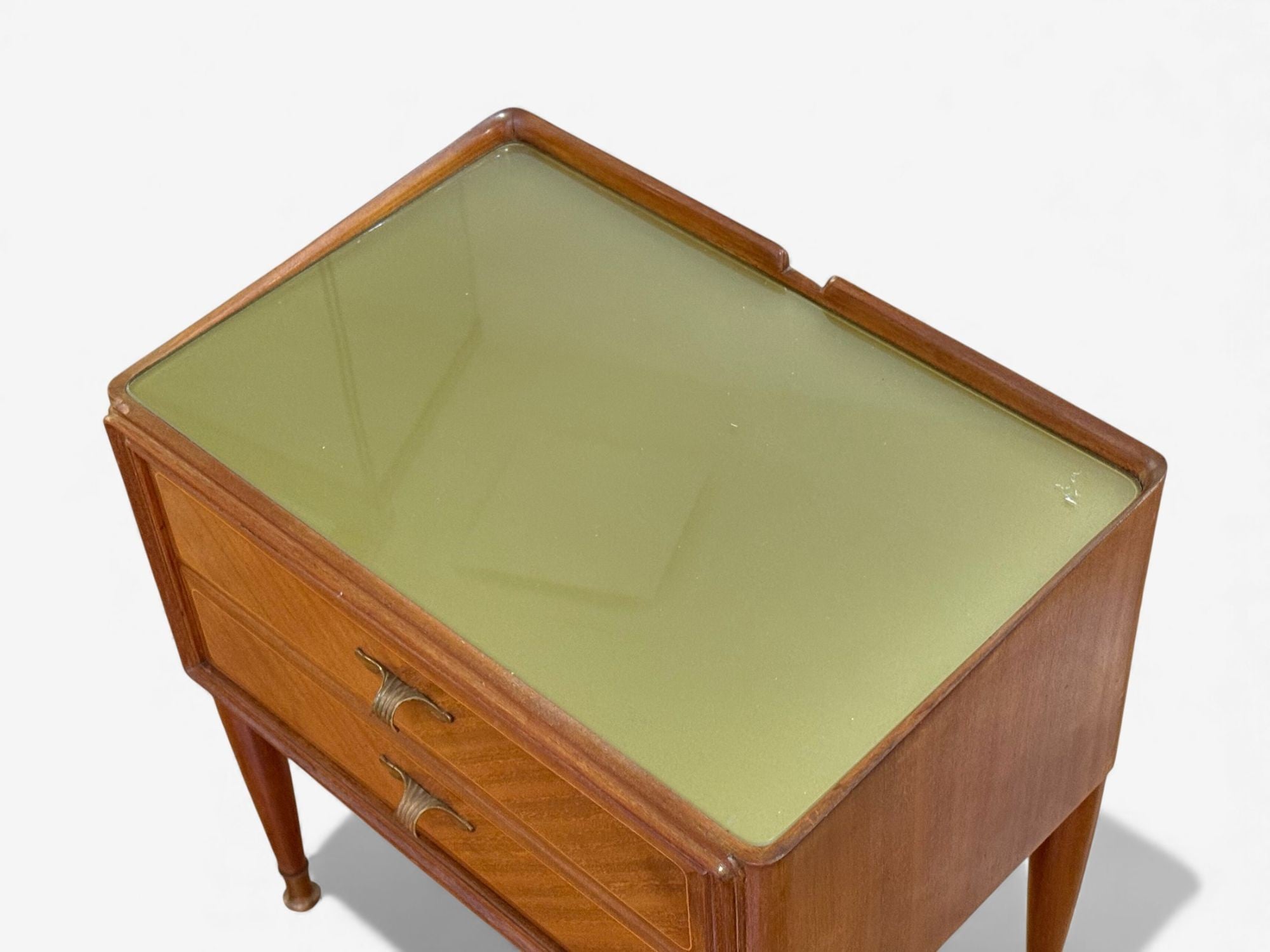 Italian Modern, Stained Wood, Brass, Glass, Nightstands, Italy, 1950s