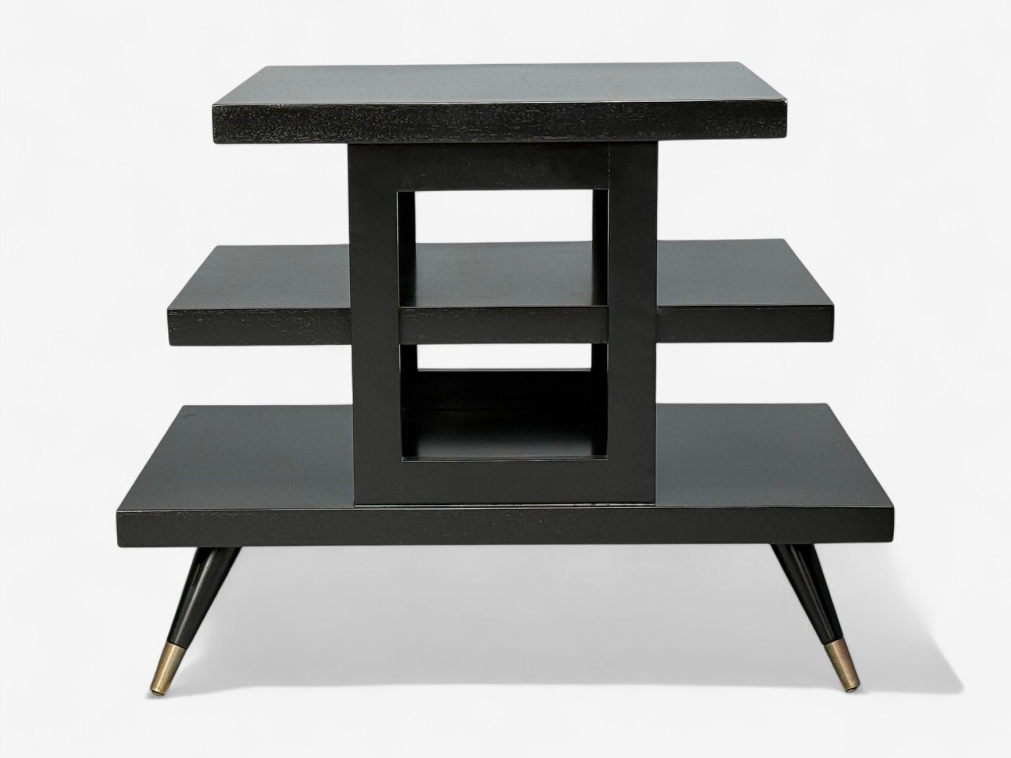 Ico Parisi Style, Ebonized Wood, Brass, Sculptural Side Tables, Europe, 1950s