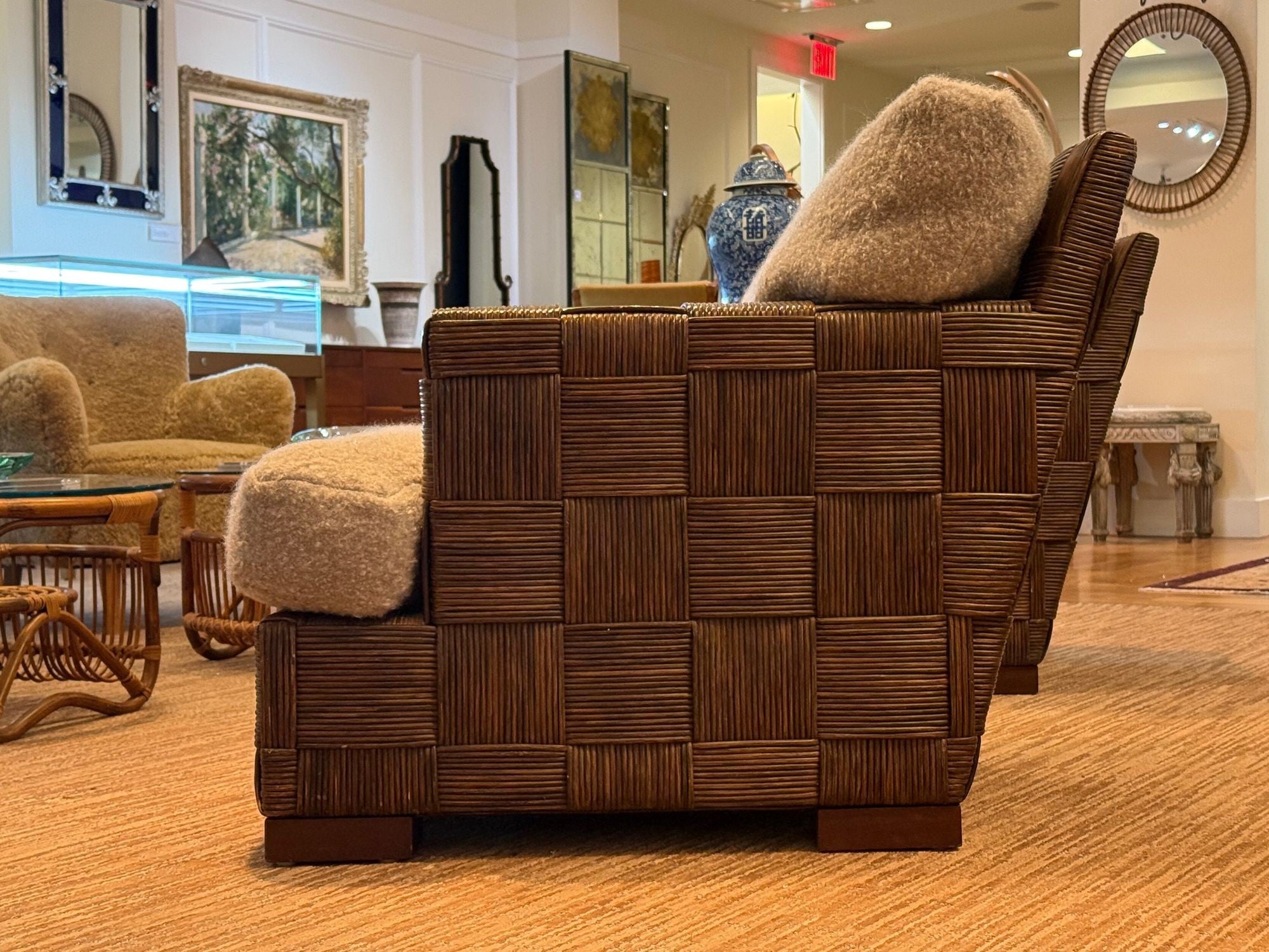 John Hutton, Woven Cane, Mahogany, Oversized Lounge Chairs, USA, 1990s