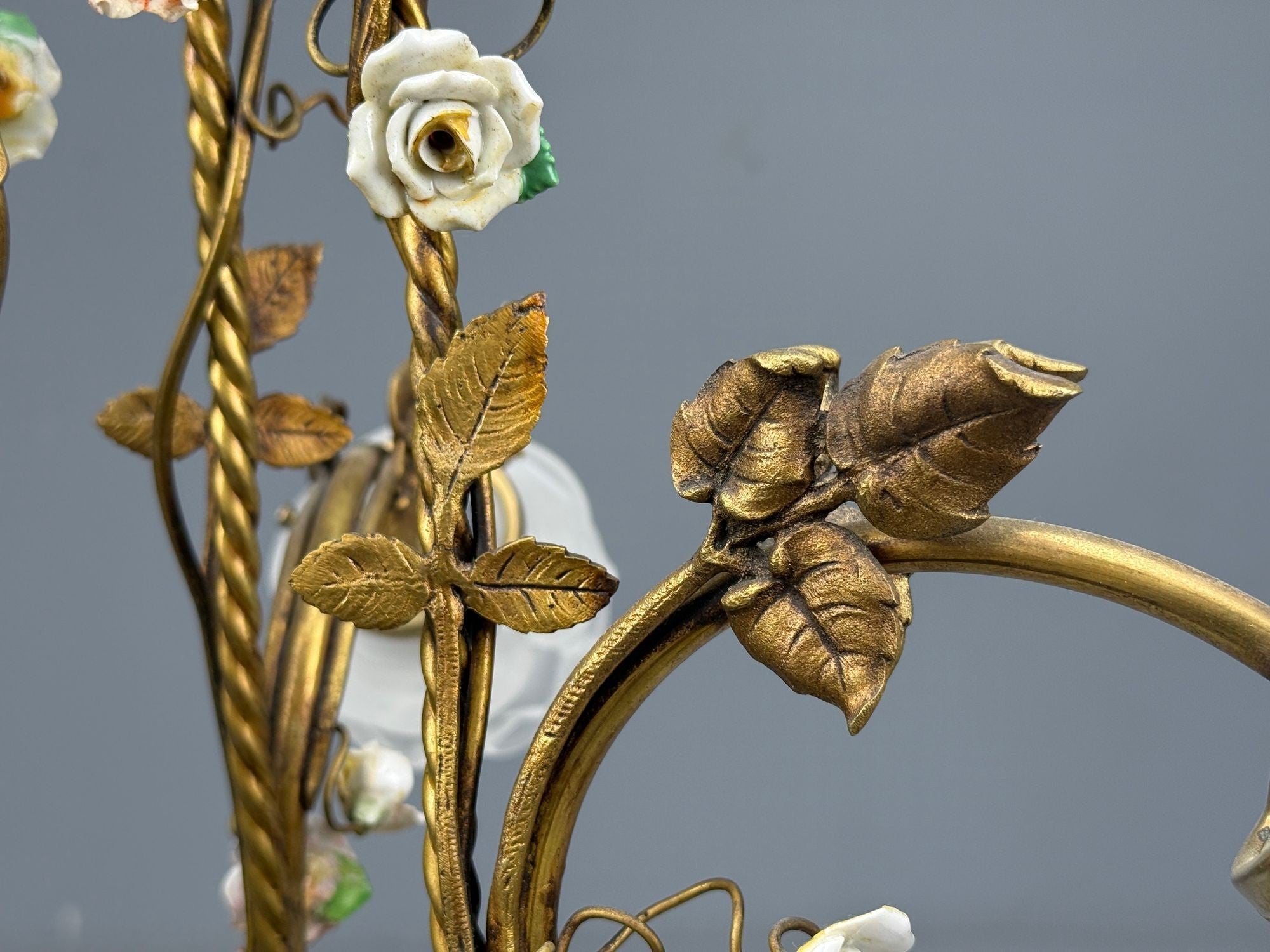 Belle Epoque Style, Basket Chandelier, Bronze, Porcelain, 1940s