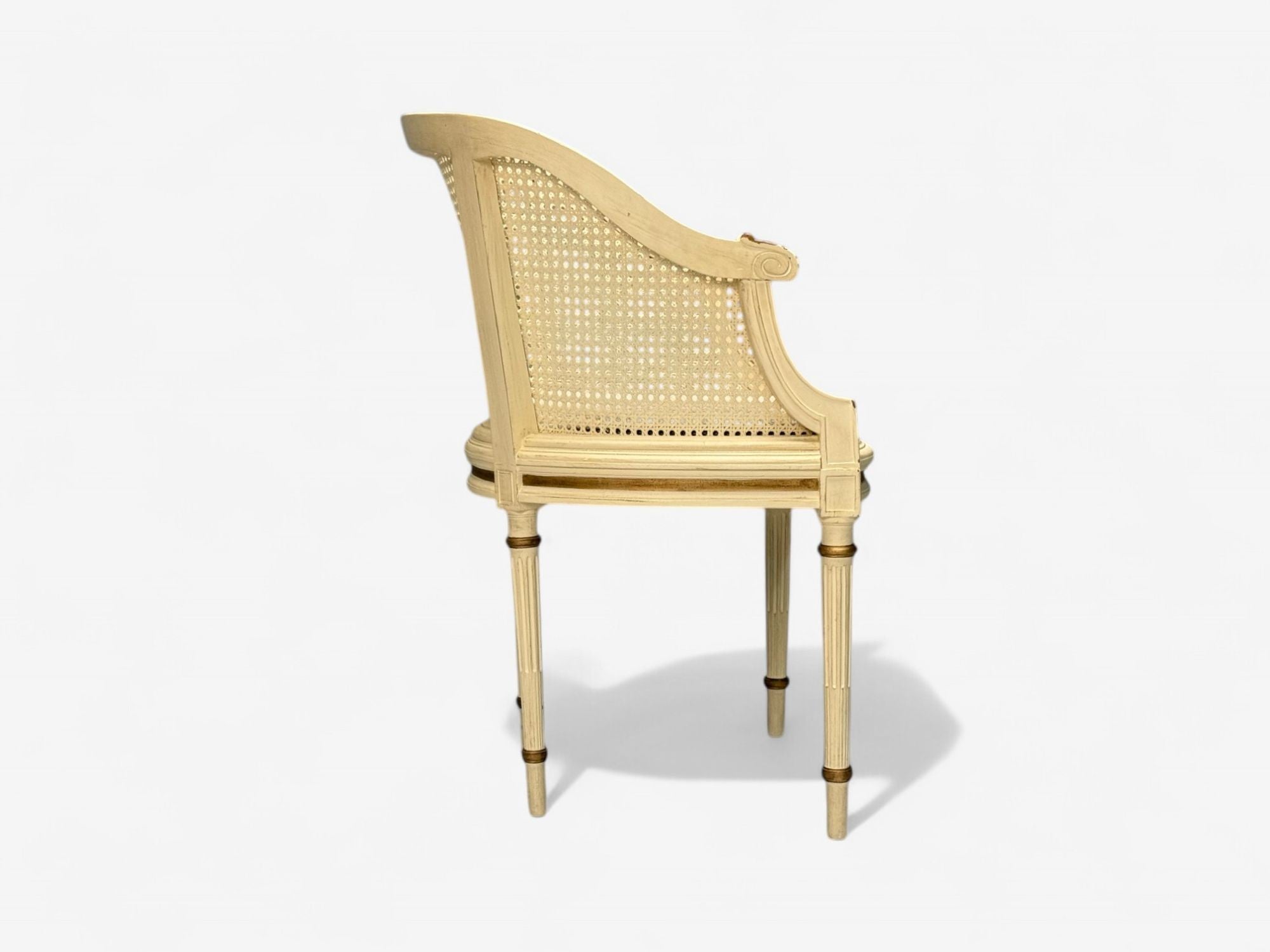 Louis XVI Style, Barrel Back Occasional Chair, Cream Painted Wood, Cane, 1960s