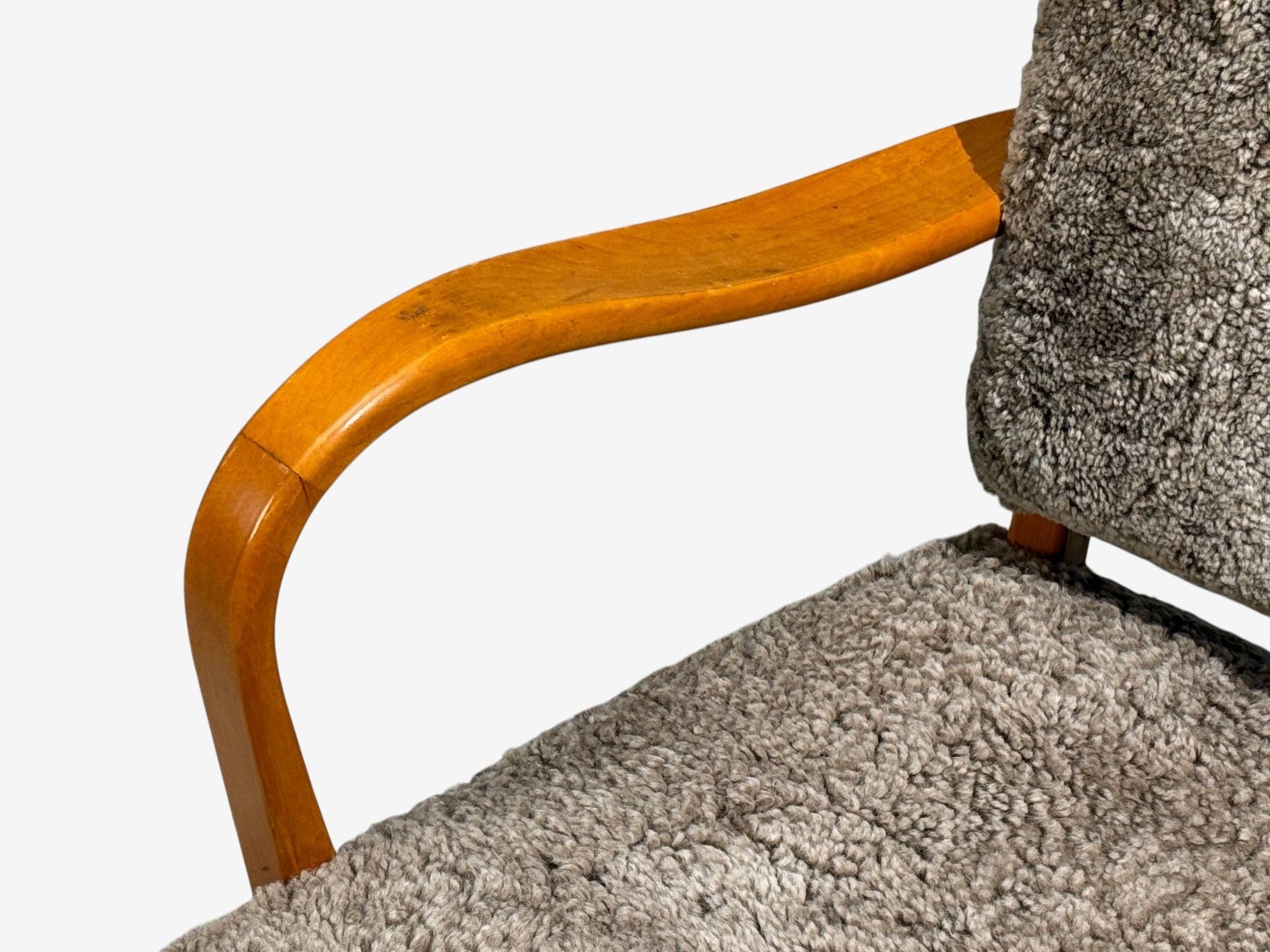 Swedish Modern, Lounge Chairs, Elm, Gray Shearling, Sweden, 1940s