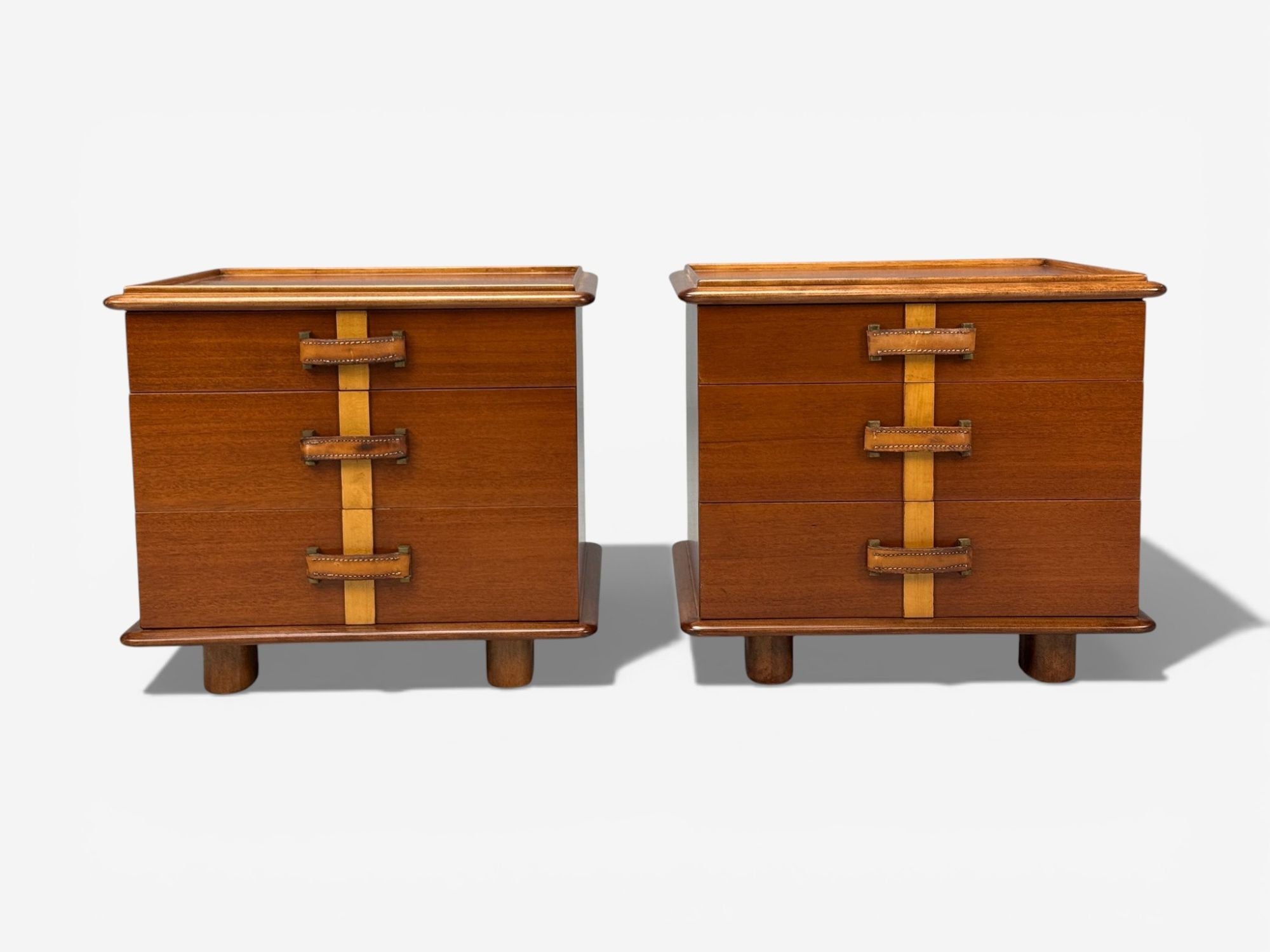 Paul Frankl, Rare Nightstands, Mahogany, Rock Maple, Brass, Leather, USA, 1950s